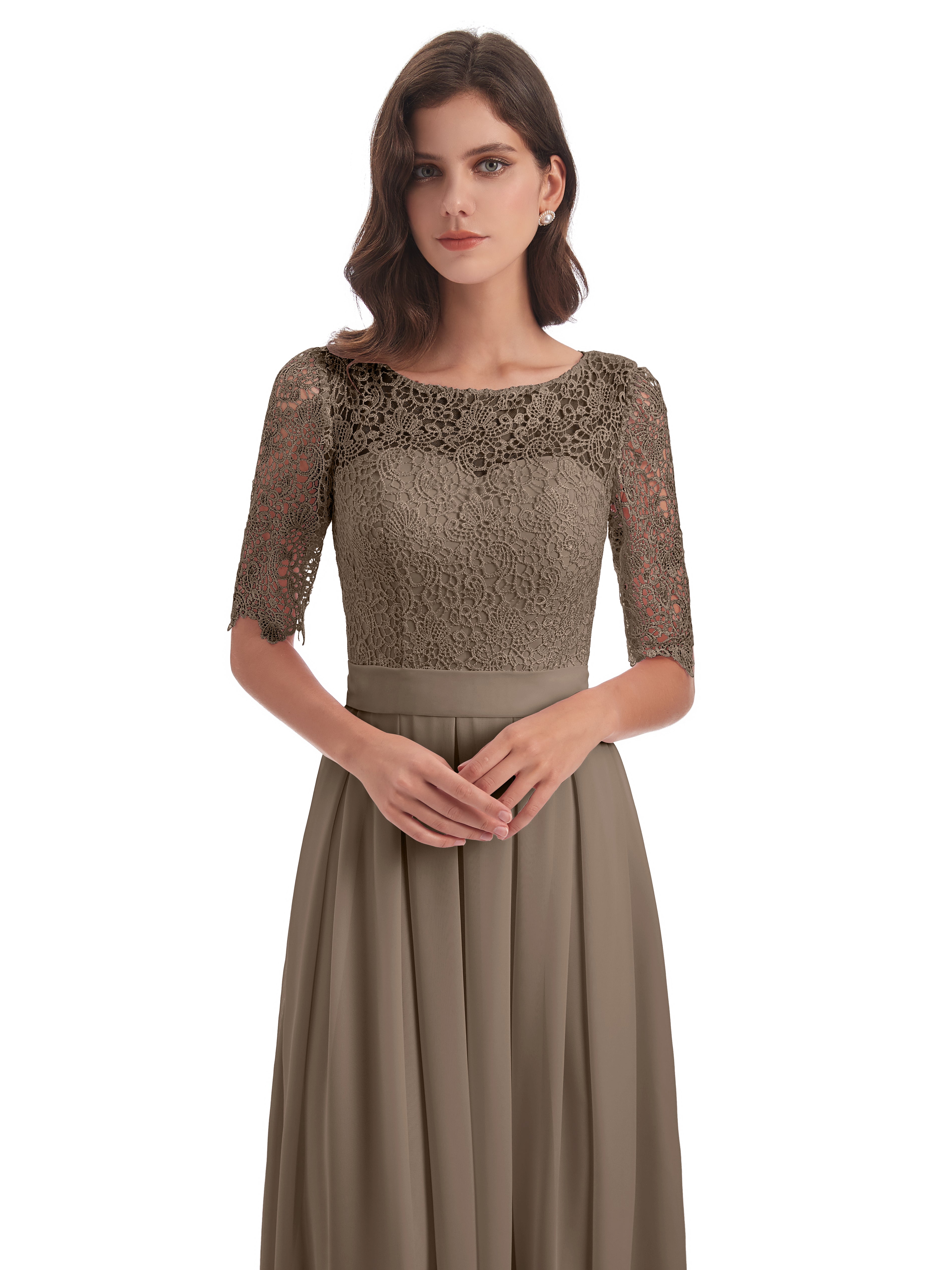 Couleur Taupe Robe Demi Manches Encolure Dégagée Robes Demoiselle D'Honneur