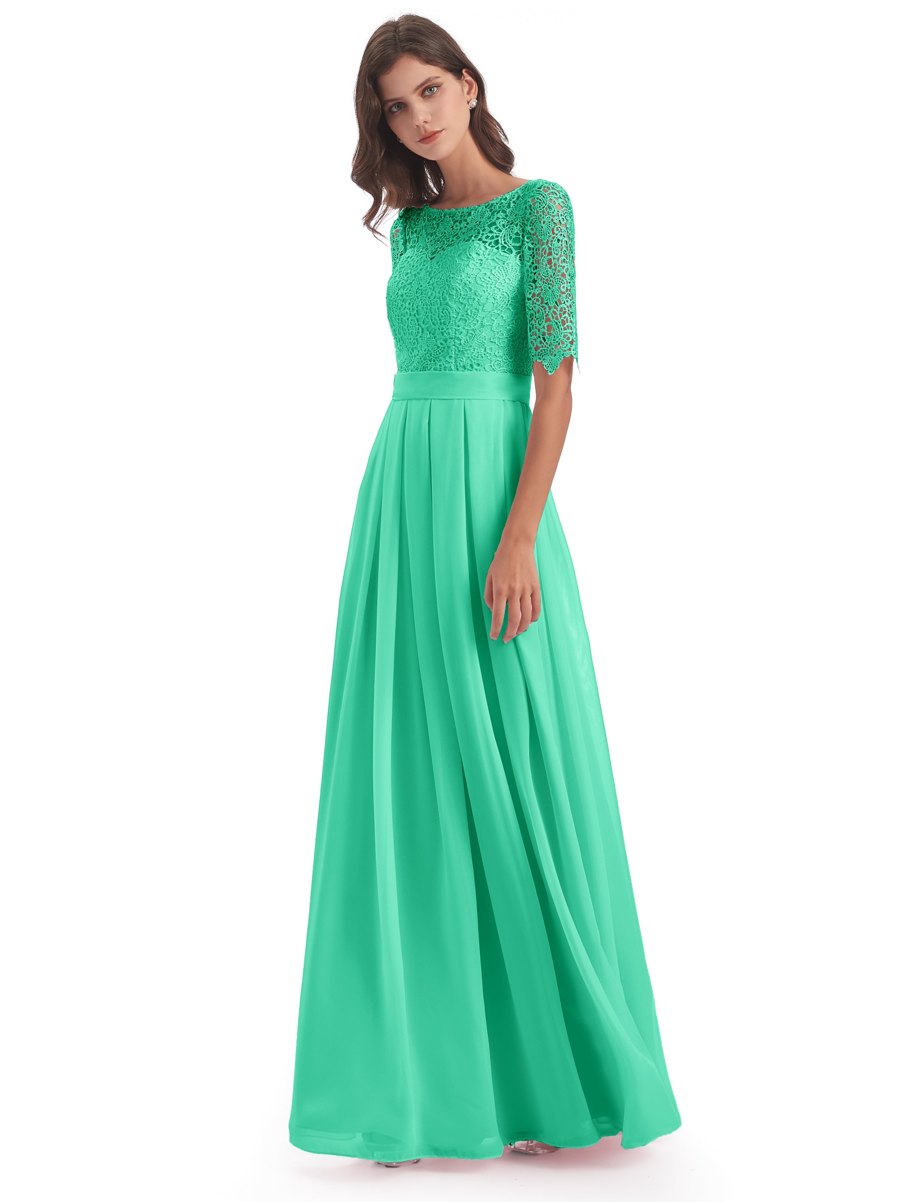 Demoiselle Dhonneur Robe Bleu Turquoise Demi Manches Encolure Dégagée Robes Demoiselle D'Honneur
