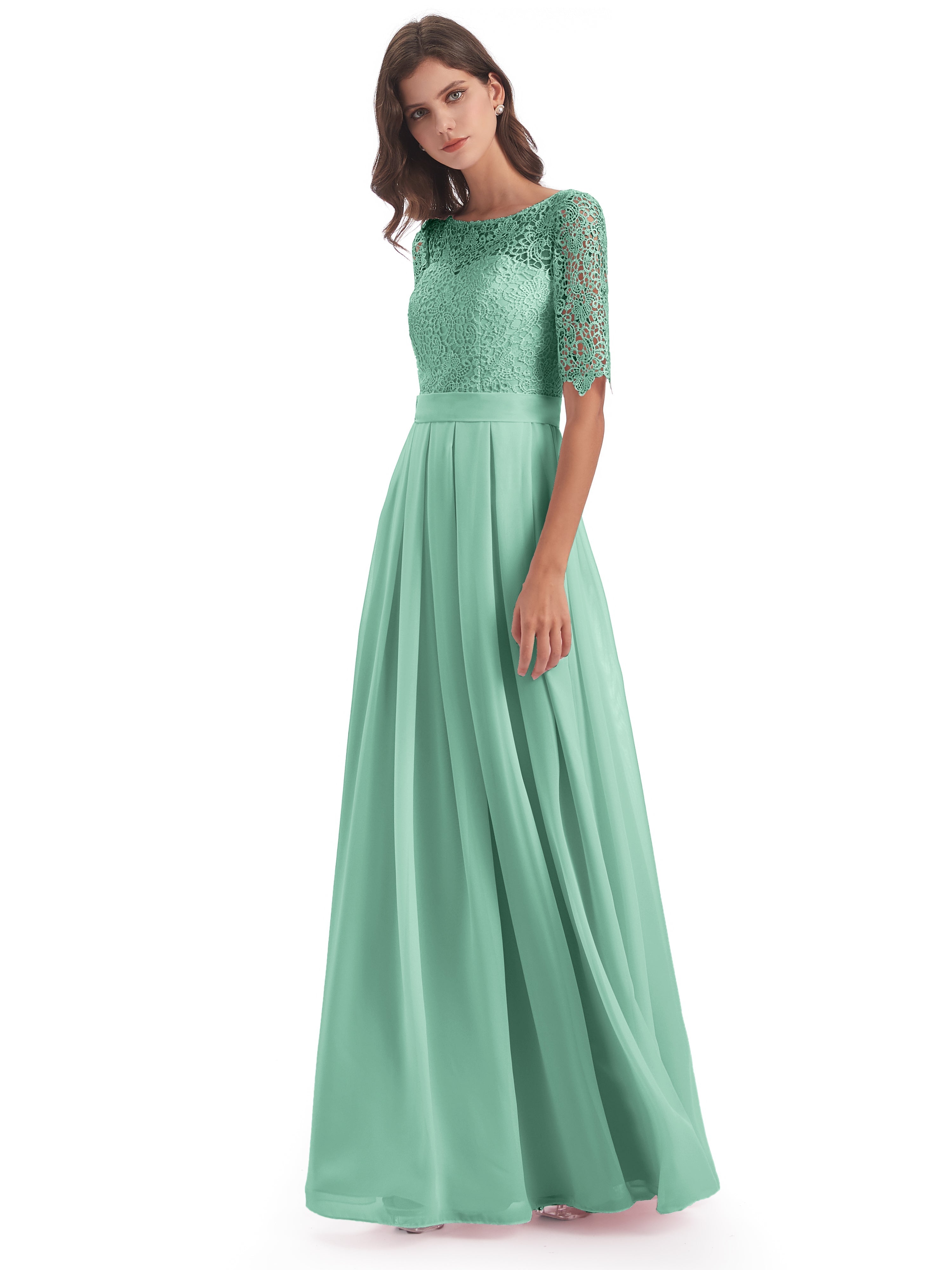 Robe Vert Menthe Demoiselle D Honneur Demi Manches Encolure Dégagée Robes Demoiselle D'Honneur