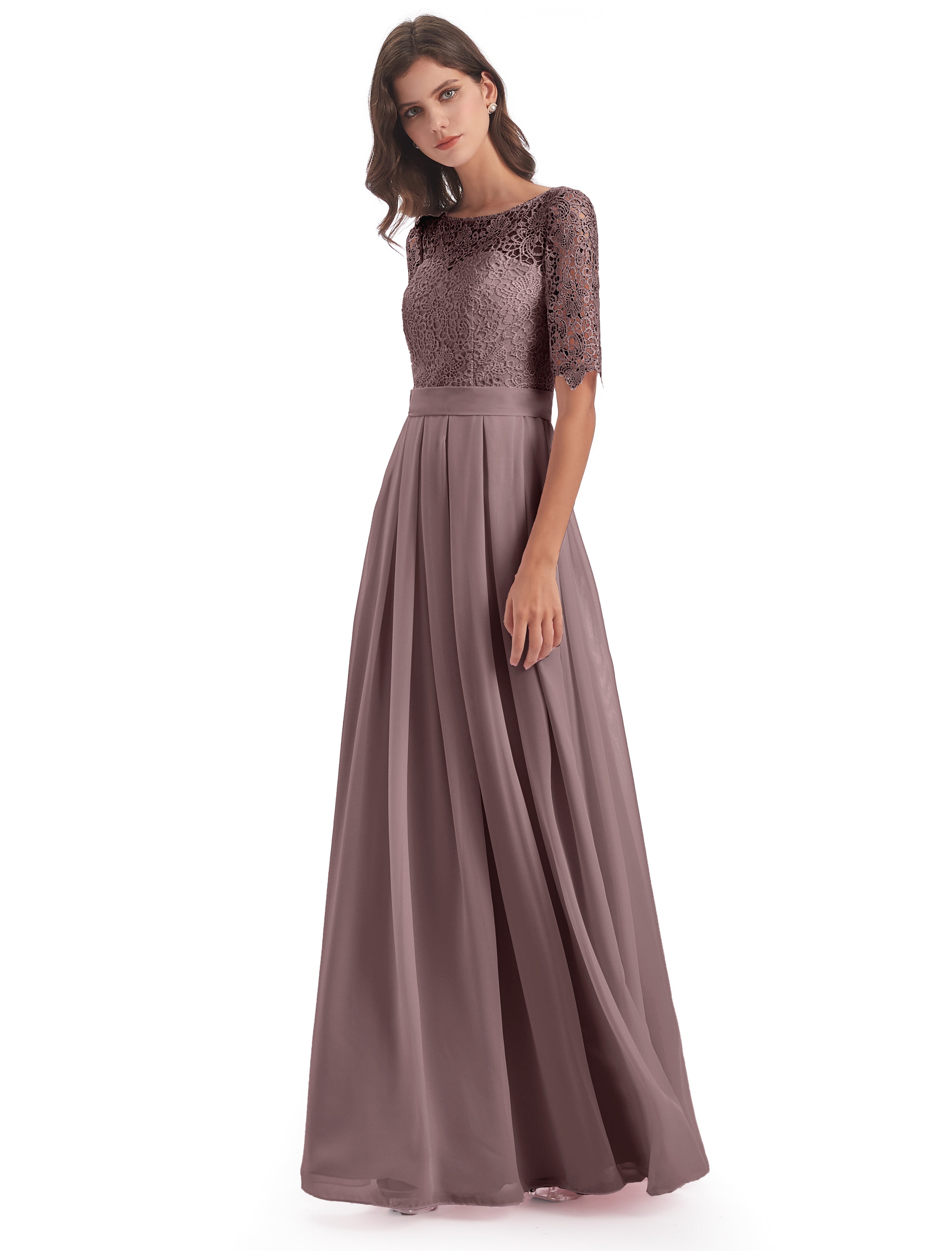 Robes De Demoiselle D'Honneur Vintage Mauve Demi Manches Encolure Dégagée Robes Demoiselle D'Honneur