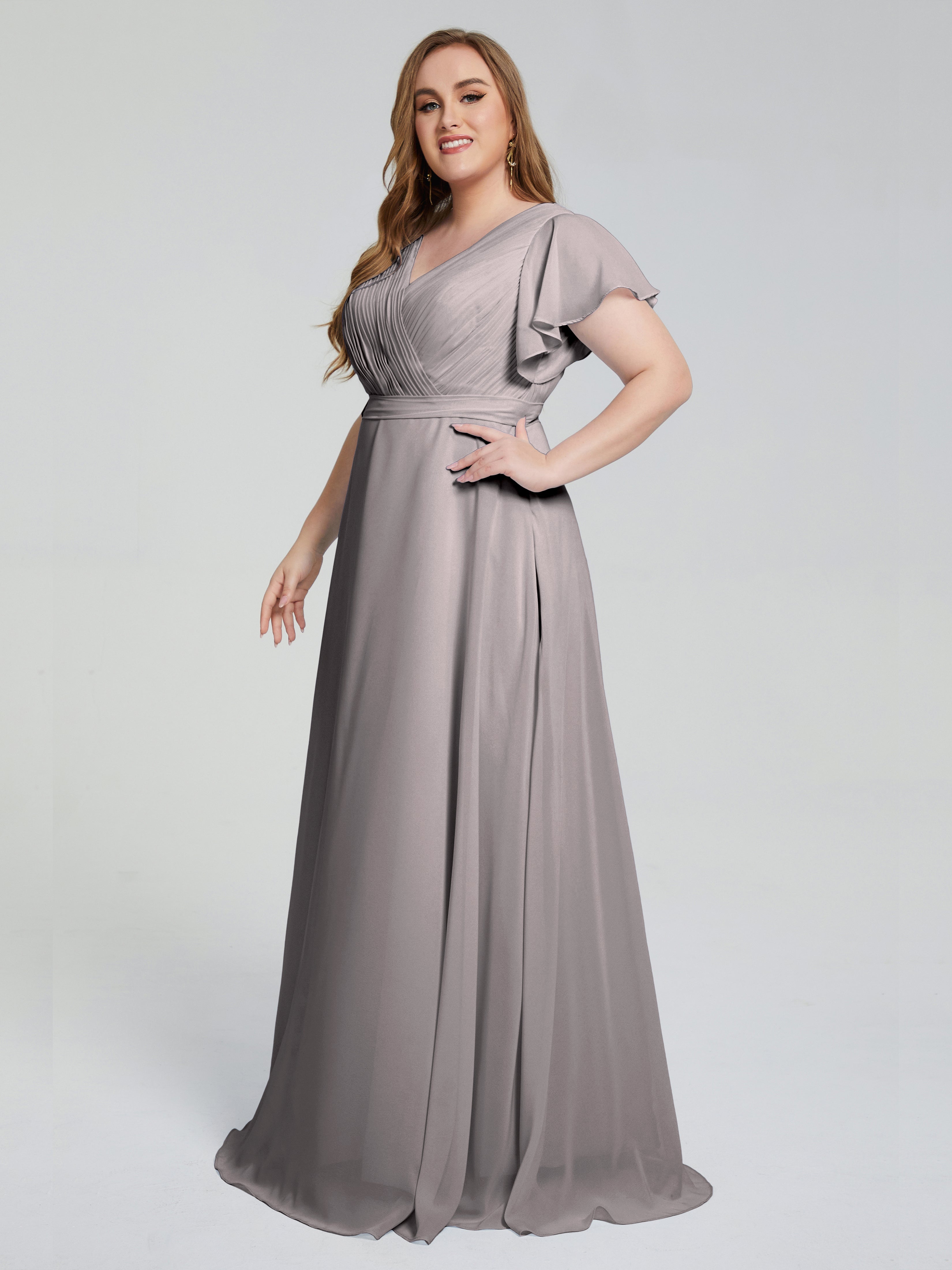 Robe Demoiselle D Honneur Argenté Manches Courtes Mousseline Robes Demoiselle D'Honneur