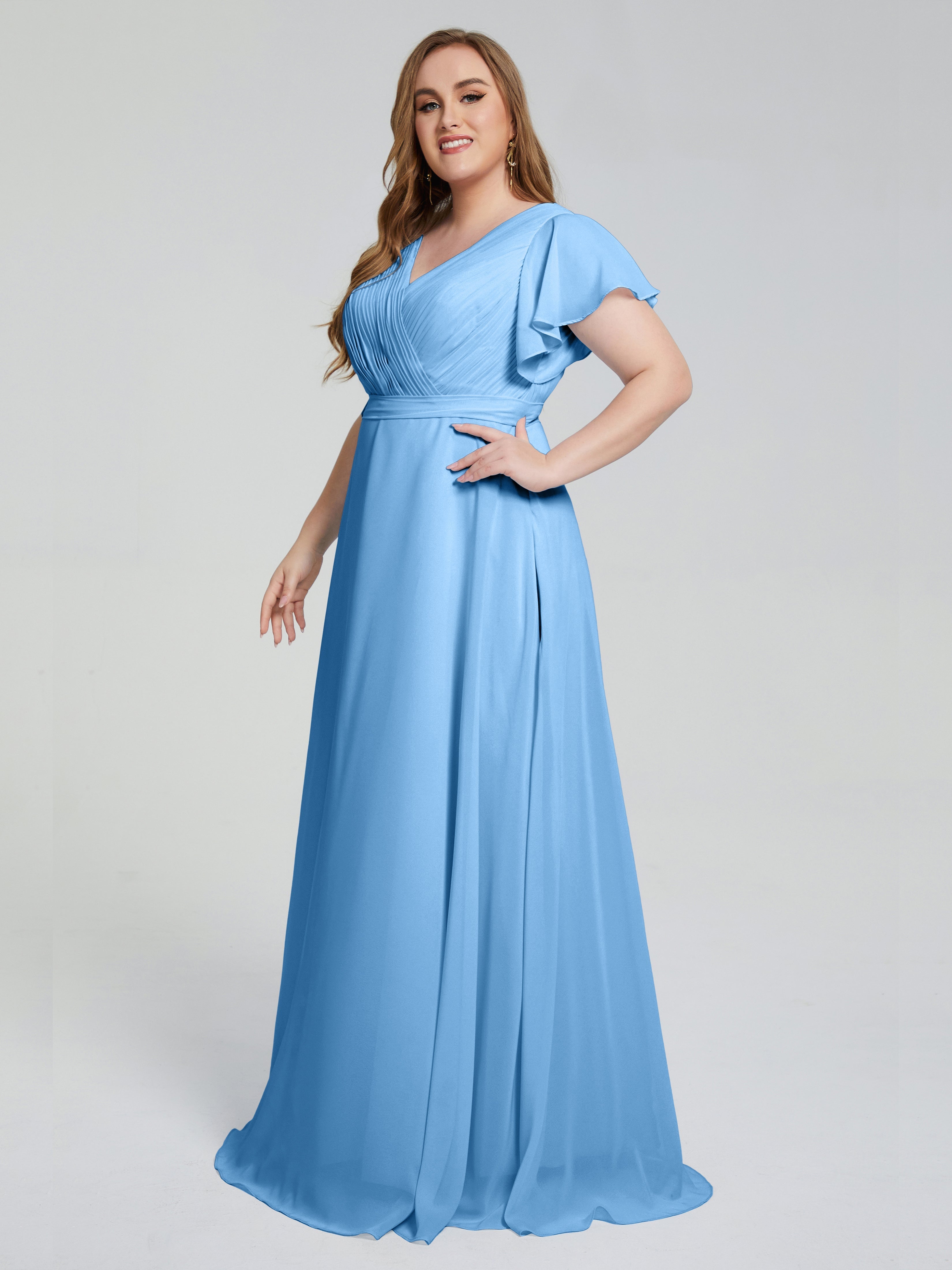 Demoiselle D Honneur En Bleu Manches Courtes Mousseline Robes Demoiselle D'Honneur
