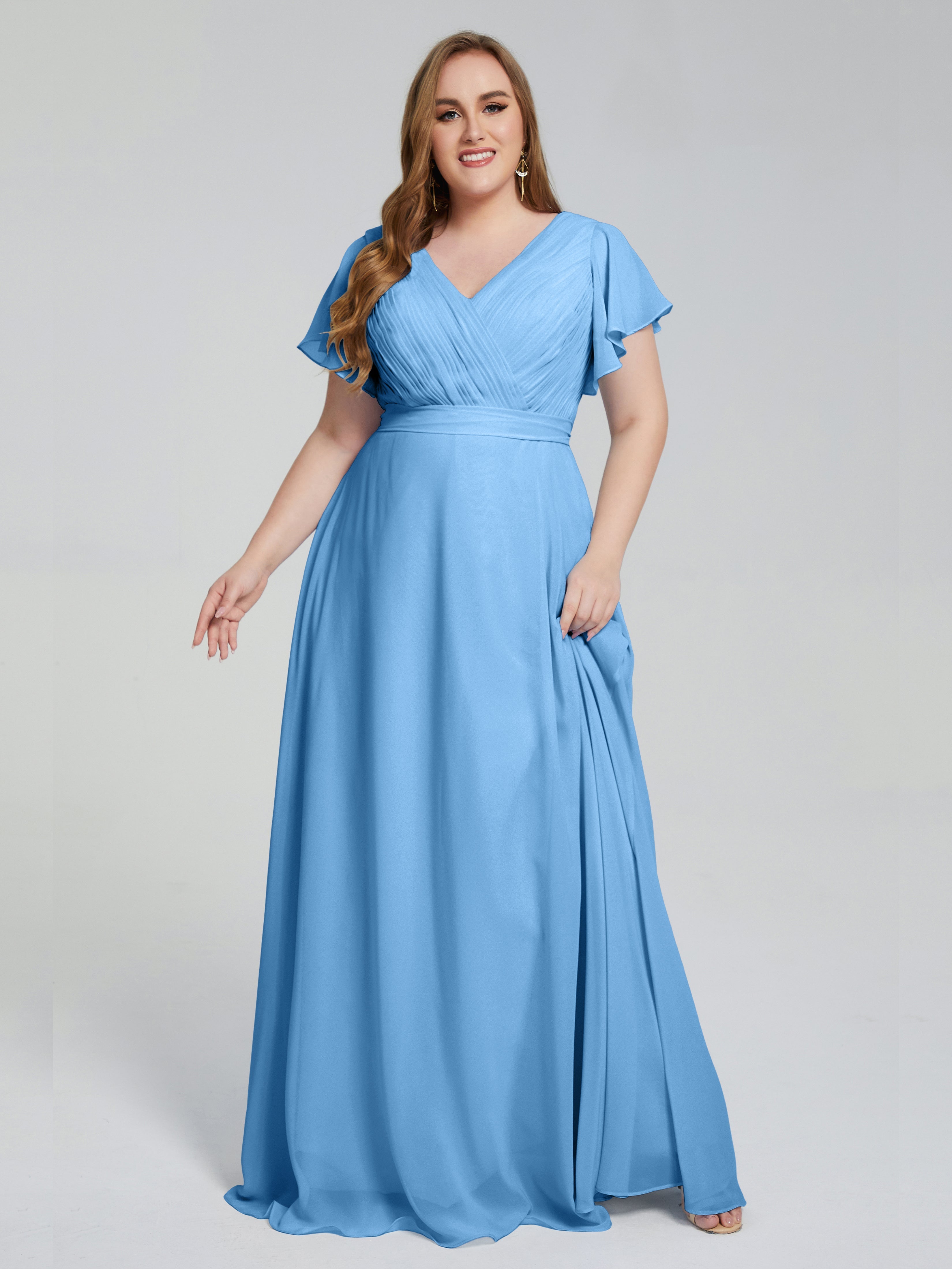 Demoiselle D Honneur En Bleu Manches Courtes Mousseline Robes Demoiselle D'Honneur