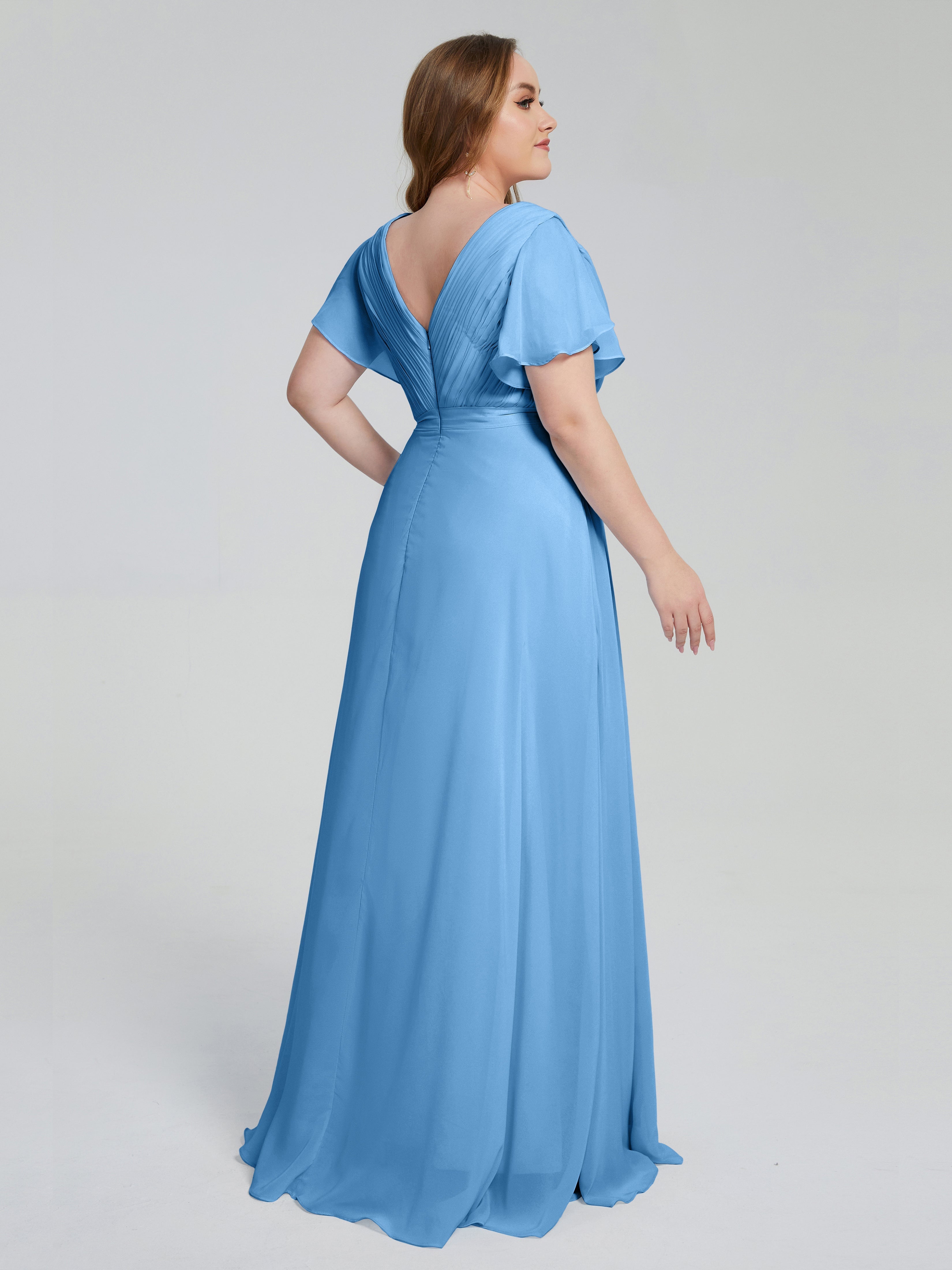 Demoiselle D Honneur En Bleu Manches Courtes Mousseline Robes Demoiselle D'Honneur