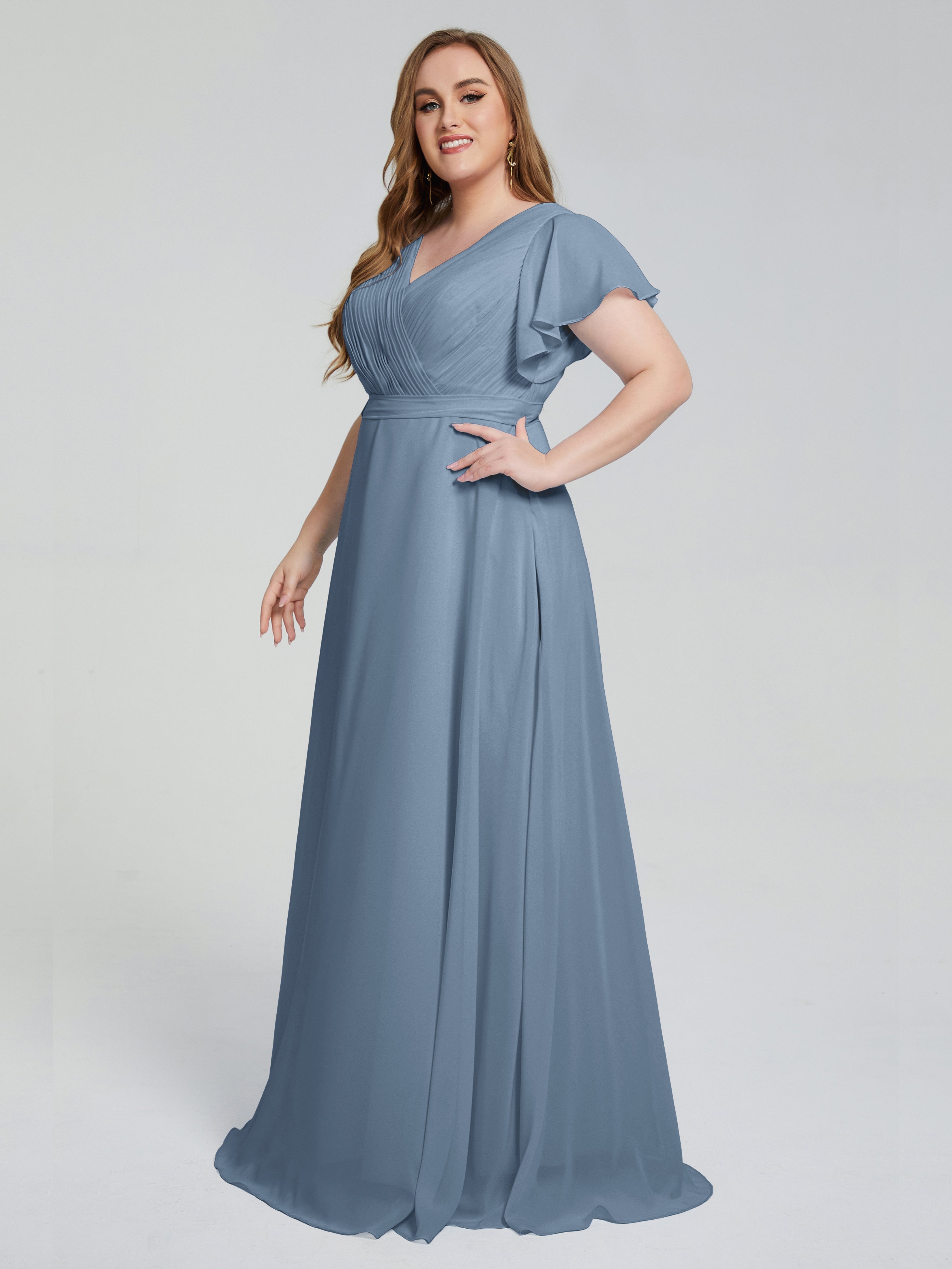 Robes De Demoiselle D'Honneur Bleu De Schiste Manches Courtes Mousseline Robes Demoiselle D'Honneur
