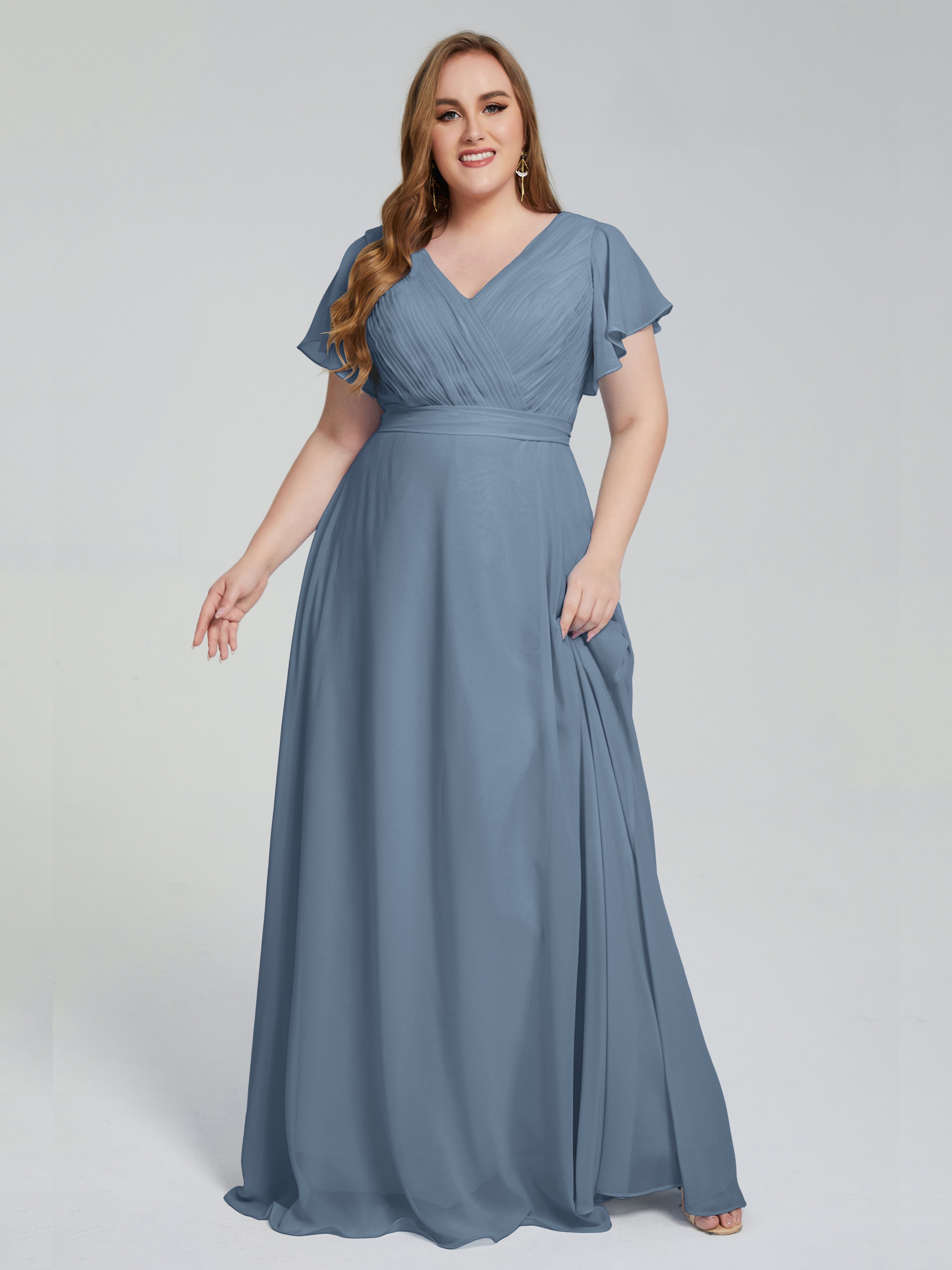 Robes De Demoiselle D'Honneur Bleu De Schiste Manches Courtes Mousseline Robes Demoiselle D'Honneur