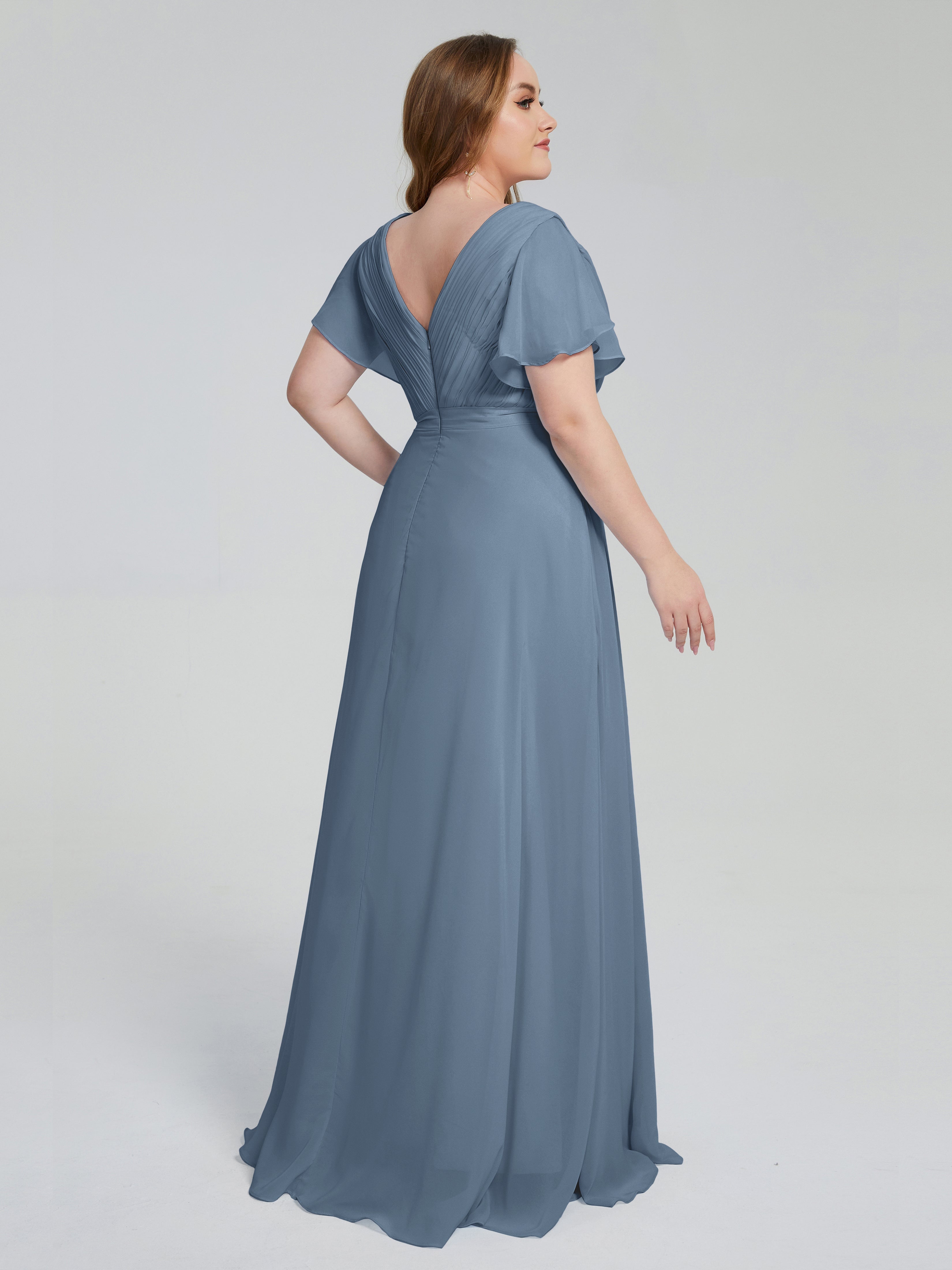 Robes De Demoiselle D'Honneur Bleu De Schiste Manches Courtes Mousseline Robes Demoiselle D'Honneur
