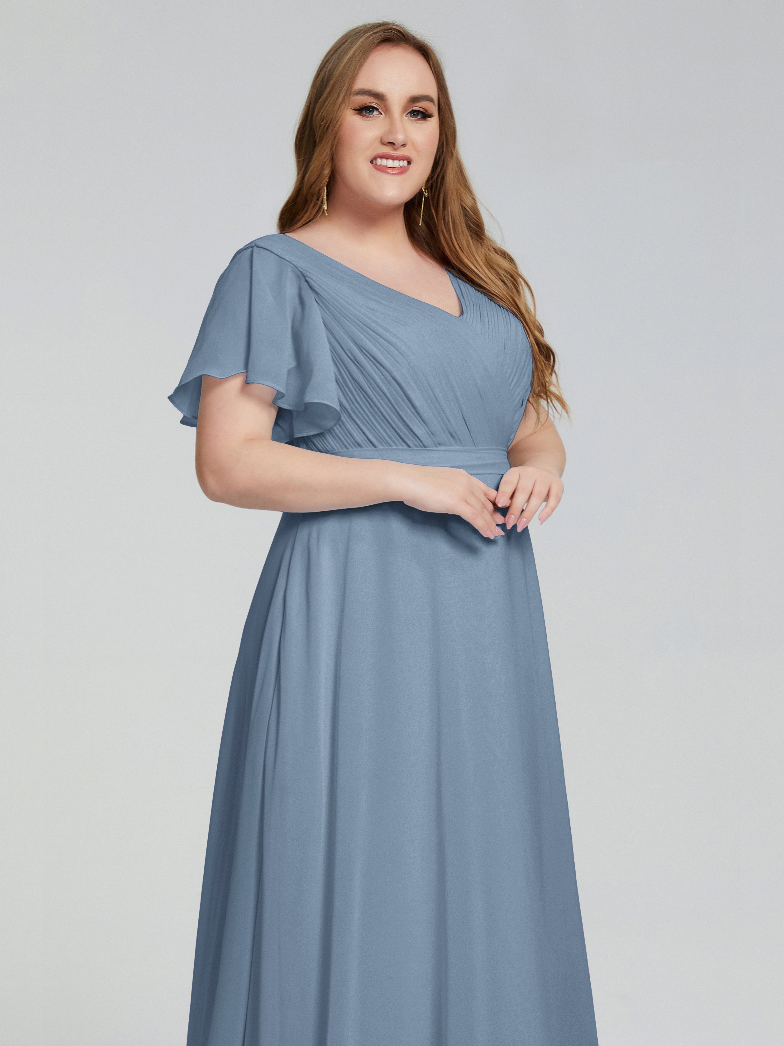 Robes De Demoiselle D'Honneur Bleu De Schiste Manches Courtes Mousseline Robes Demoiselle D'Honneur