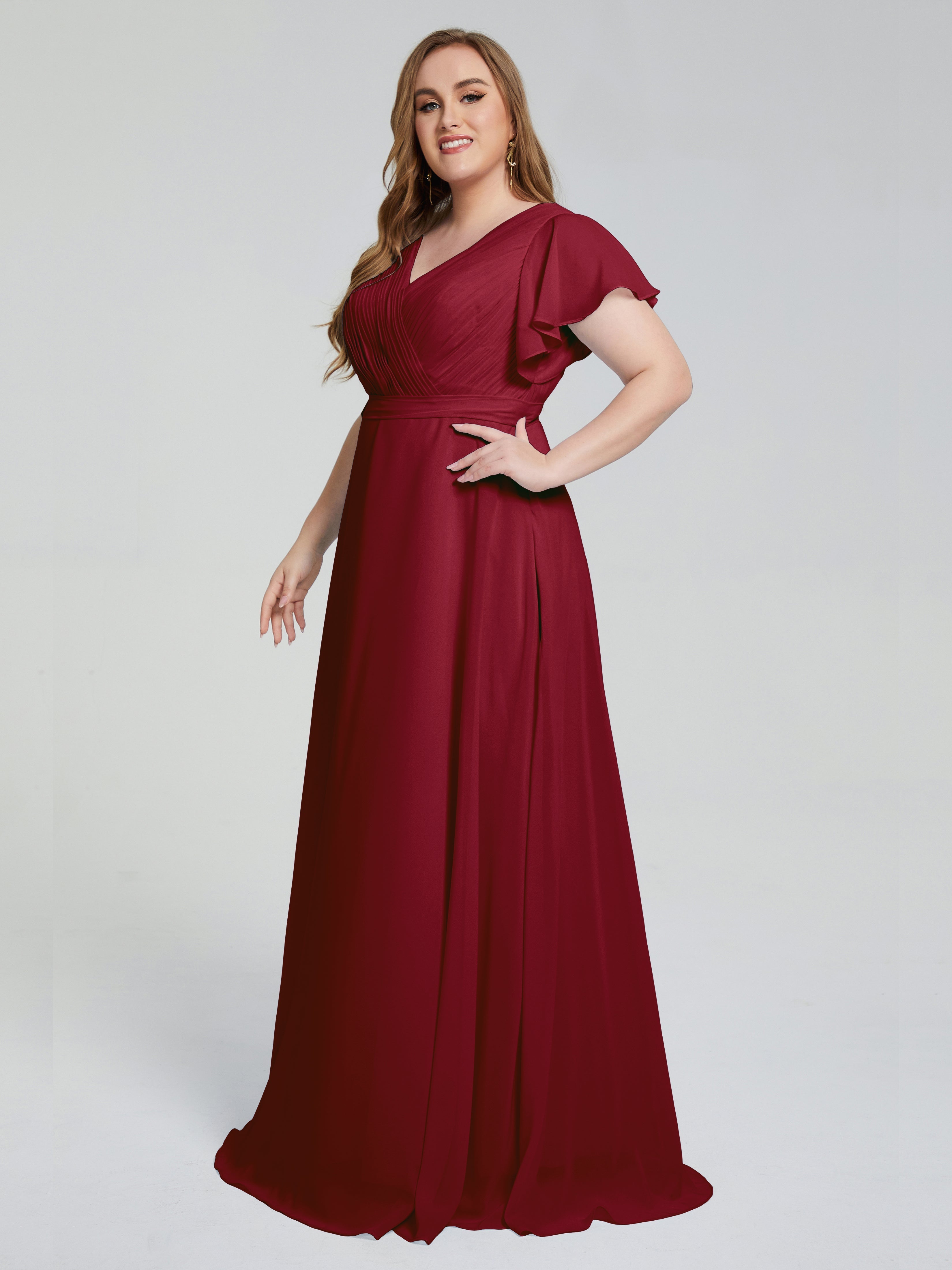 Robe Bordeaux Demoiselle D Honneur Manches Courtes Mousseline Robes Demoiselle D'Honneur