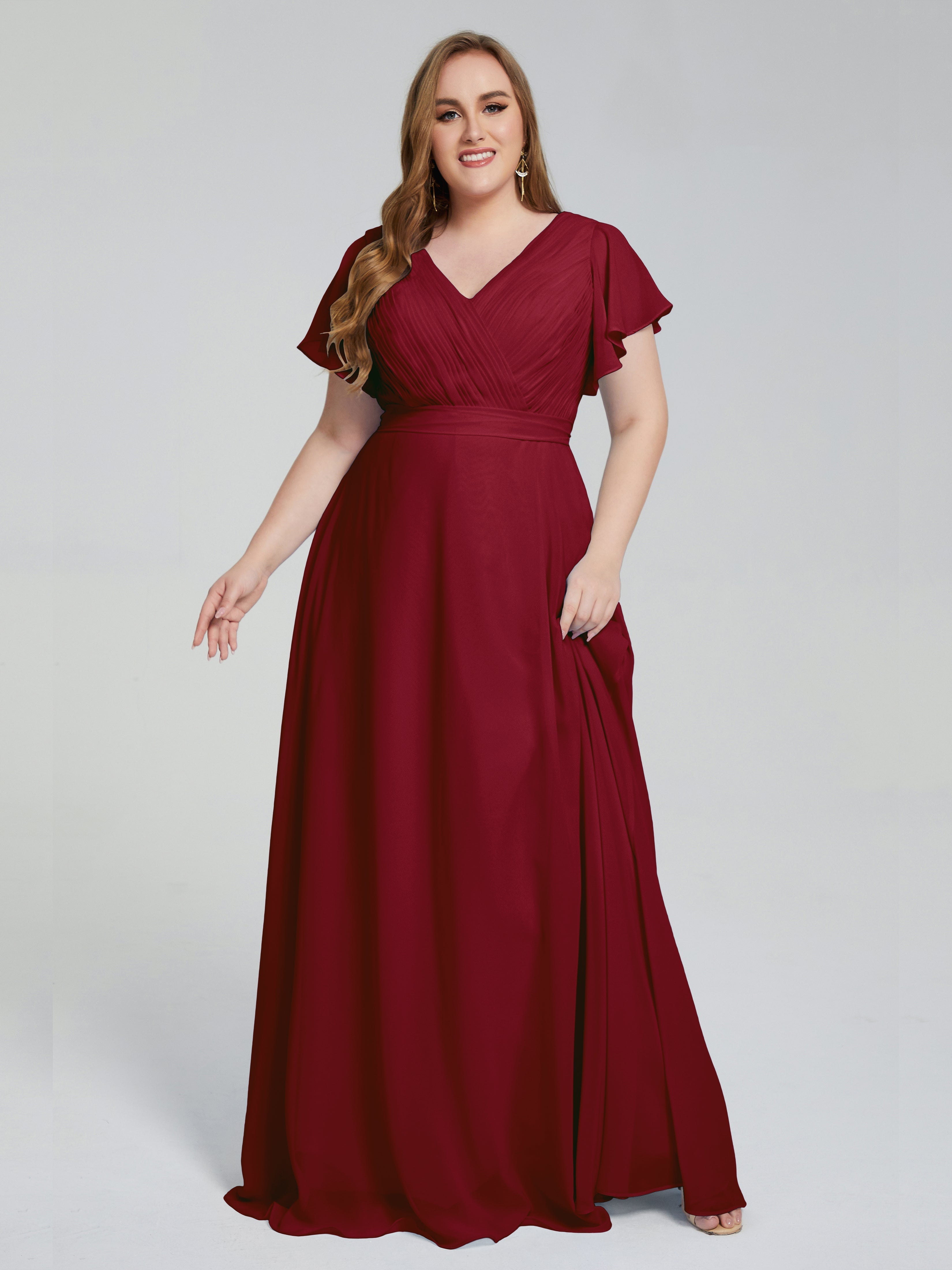 Robe Bordeaux Demoiselle D Honneur Manches Courtes Mousseline Robes Demoiselle D'Honneur