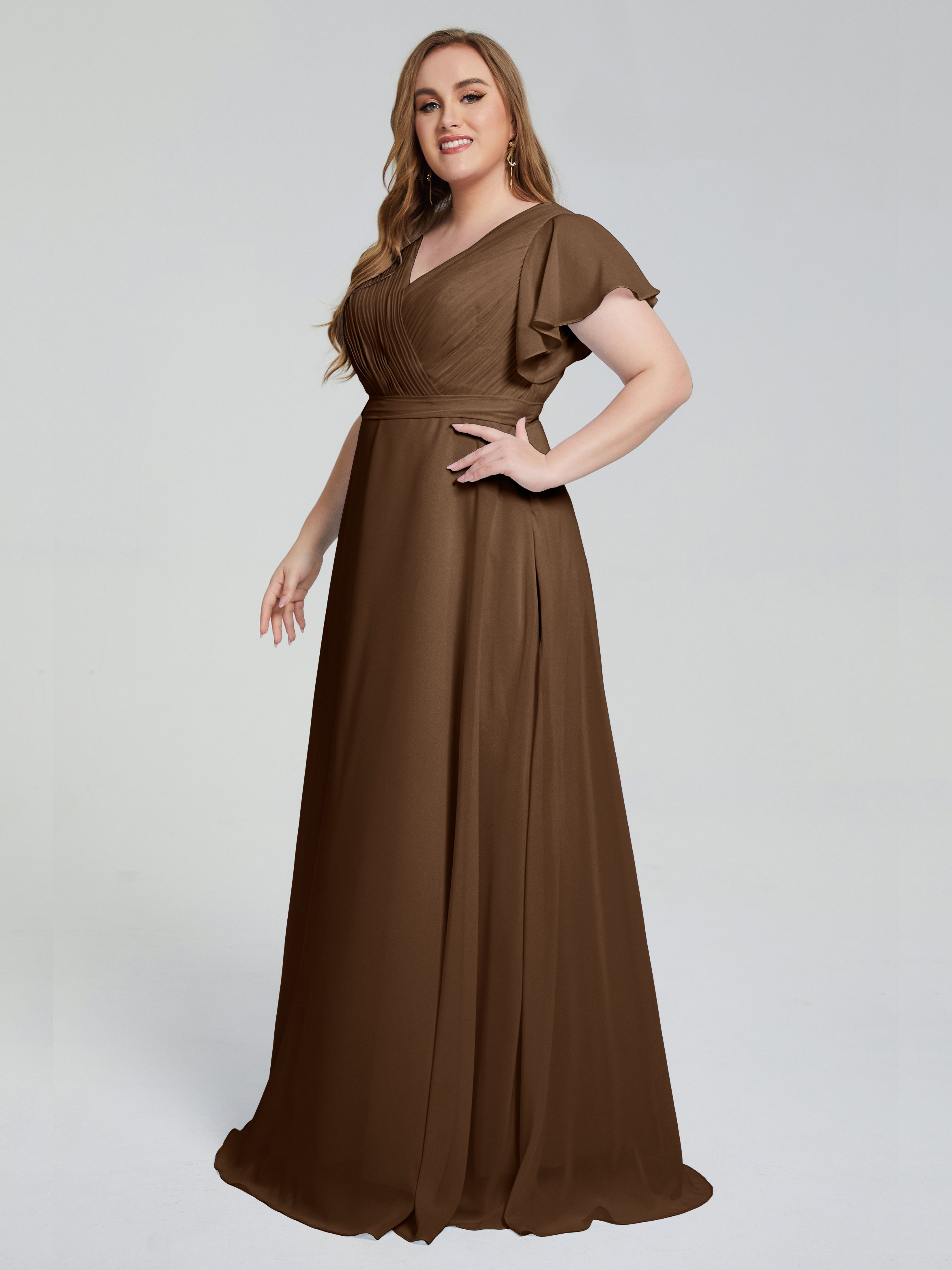 Robe Demoiselle D Honneur Brun Manches Courtes Mousseline Robes Demoiselle D'Honneur