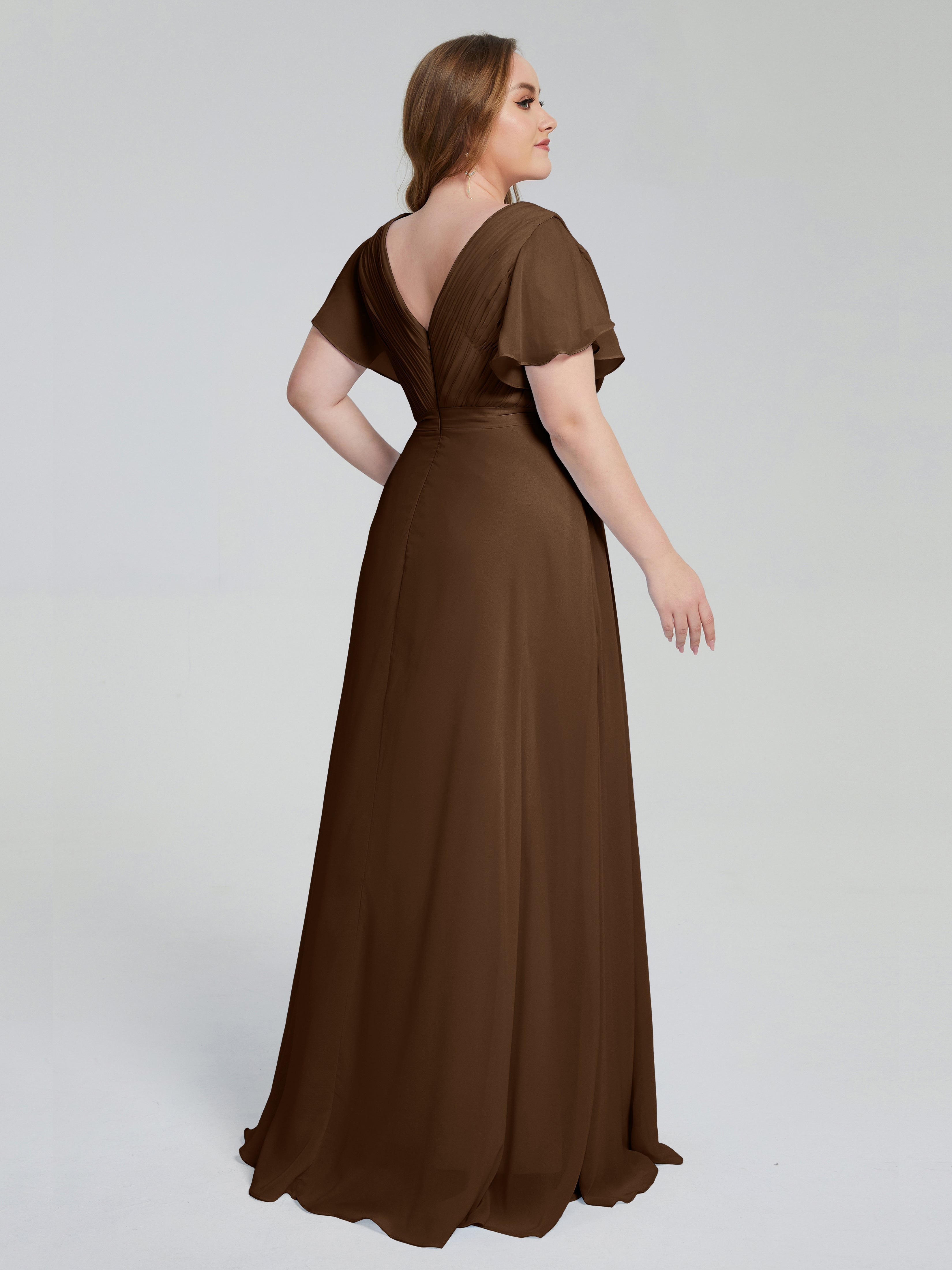 Robe Demoiselle D Honneur Brun Manches Courtes Mousseline Robes Demoiselle D'Honneur
