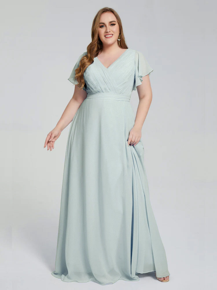 Robe Demoiselle D Honneur Vert Celadon Manches Courtes Mousseline Robes Demoiselle D'Honneur