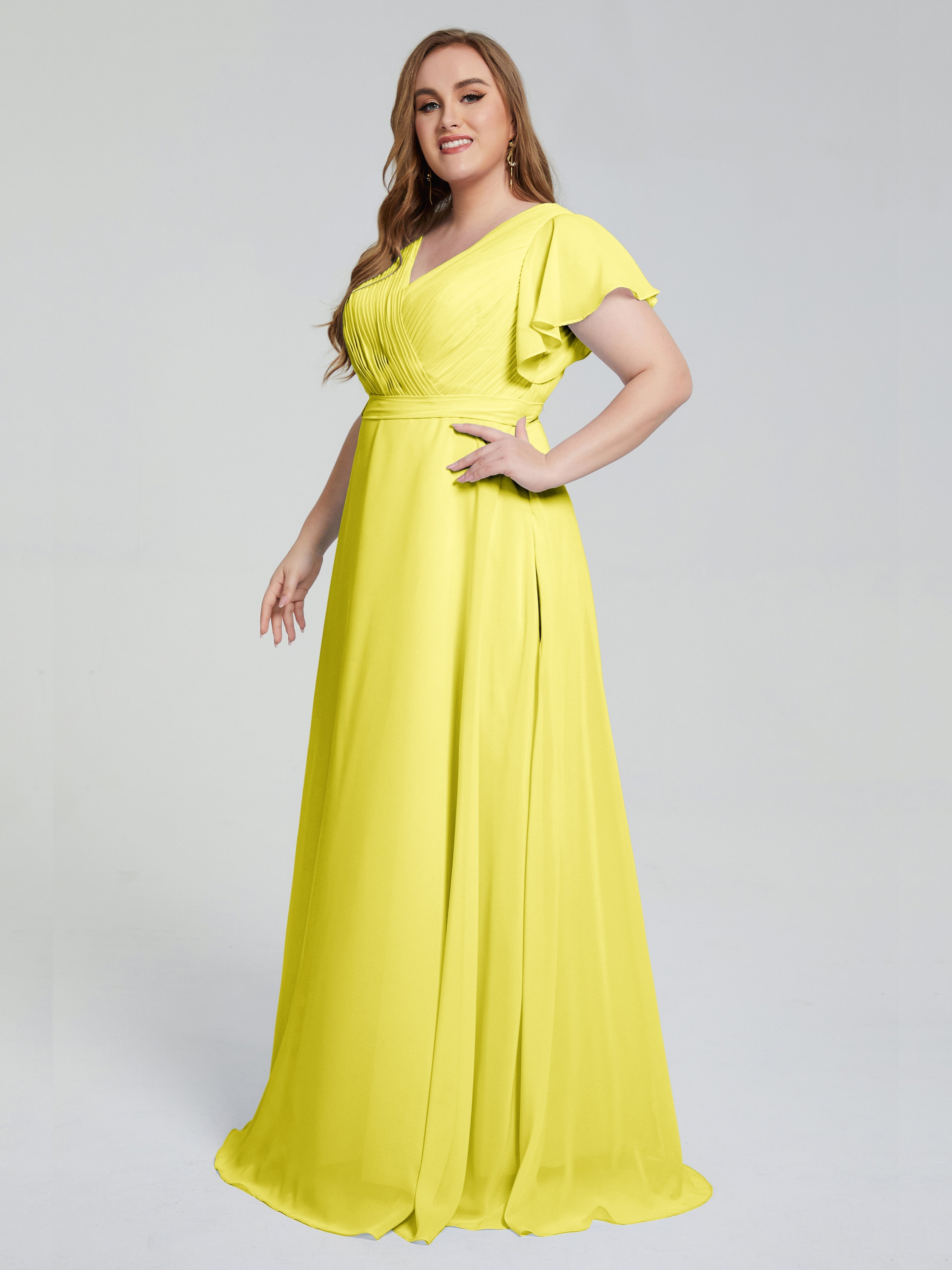 Robes De Demoiselle D'Honneur Citron Manches Courtes Mousseline Robes Demoiselle D'Honneur