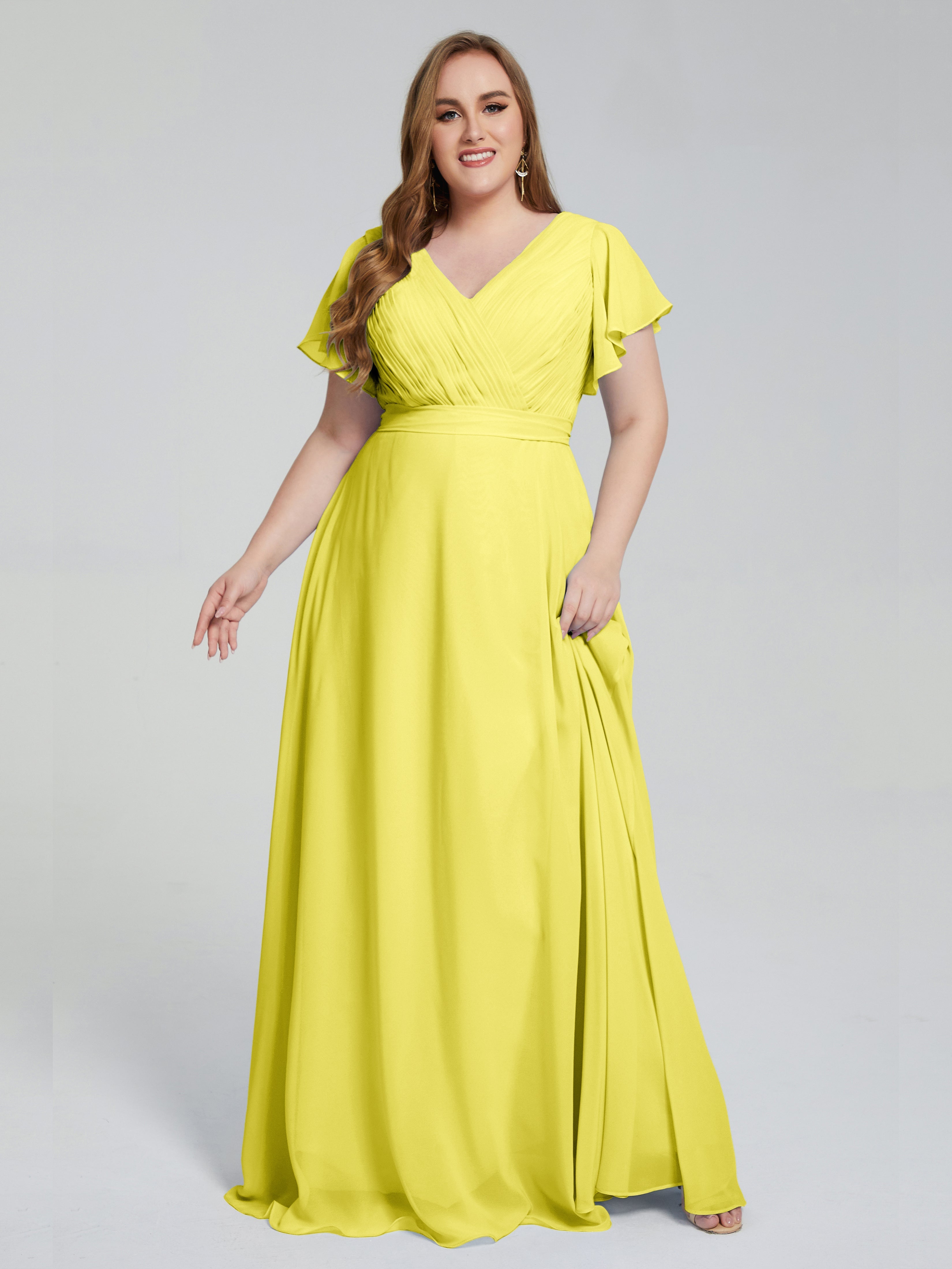 Robes De Demoiselle D'Honneur Citron Manches Courtes Mousseline Robes Demoiselle D'Honneur