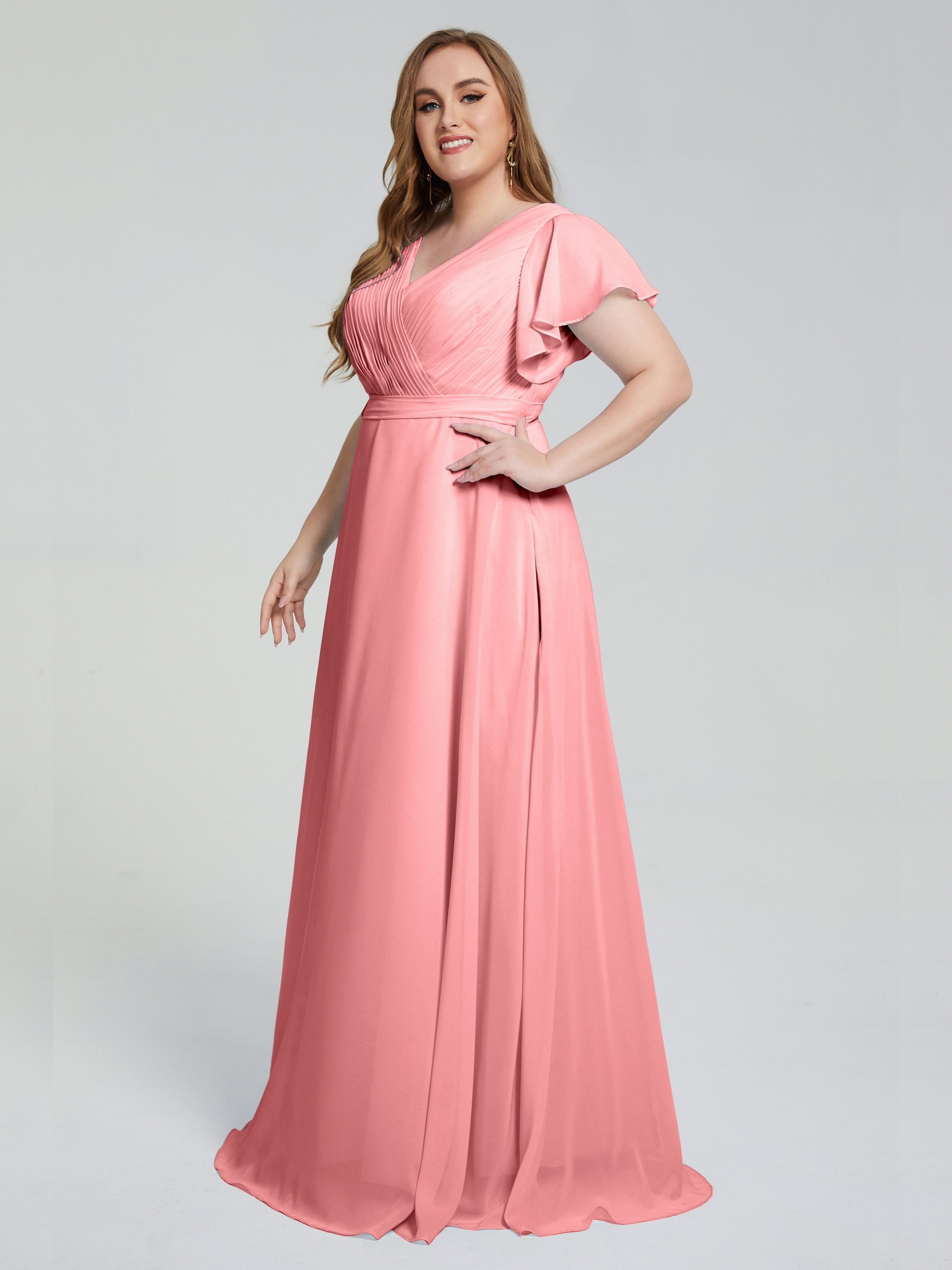 Robes De Demoiselle D'Honneur En Flamant Manches Courtes Mousseline Robes Demoiselle D'Honneur