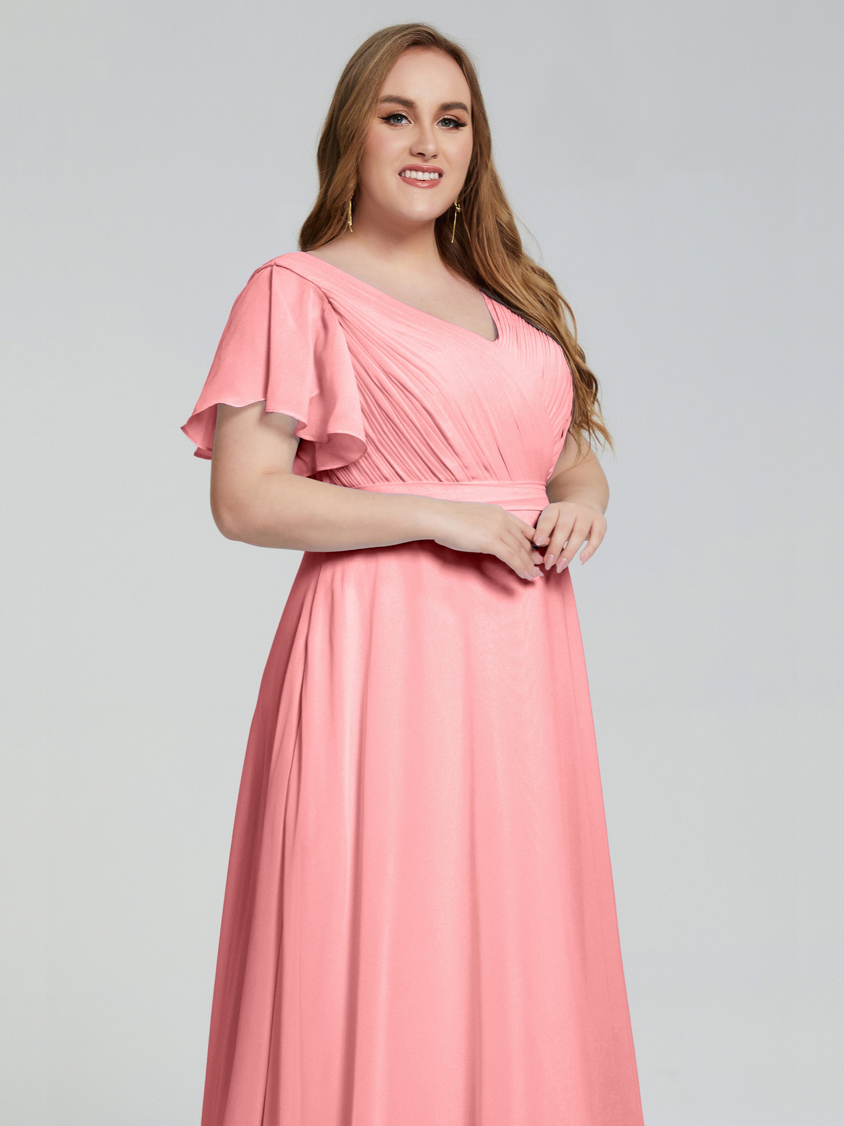 Robes De Demoiselle D'Honneur En Flamant Manches Courtes Mousseline Robes Demoiselle D'Honneur