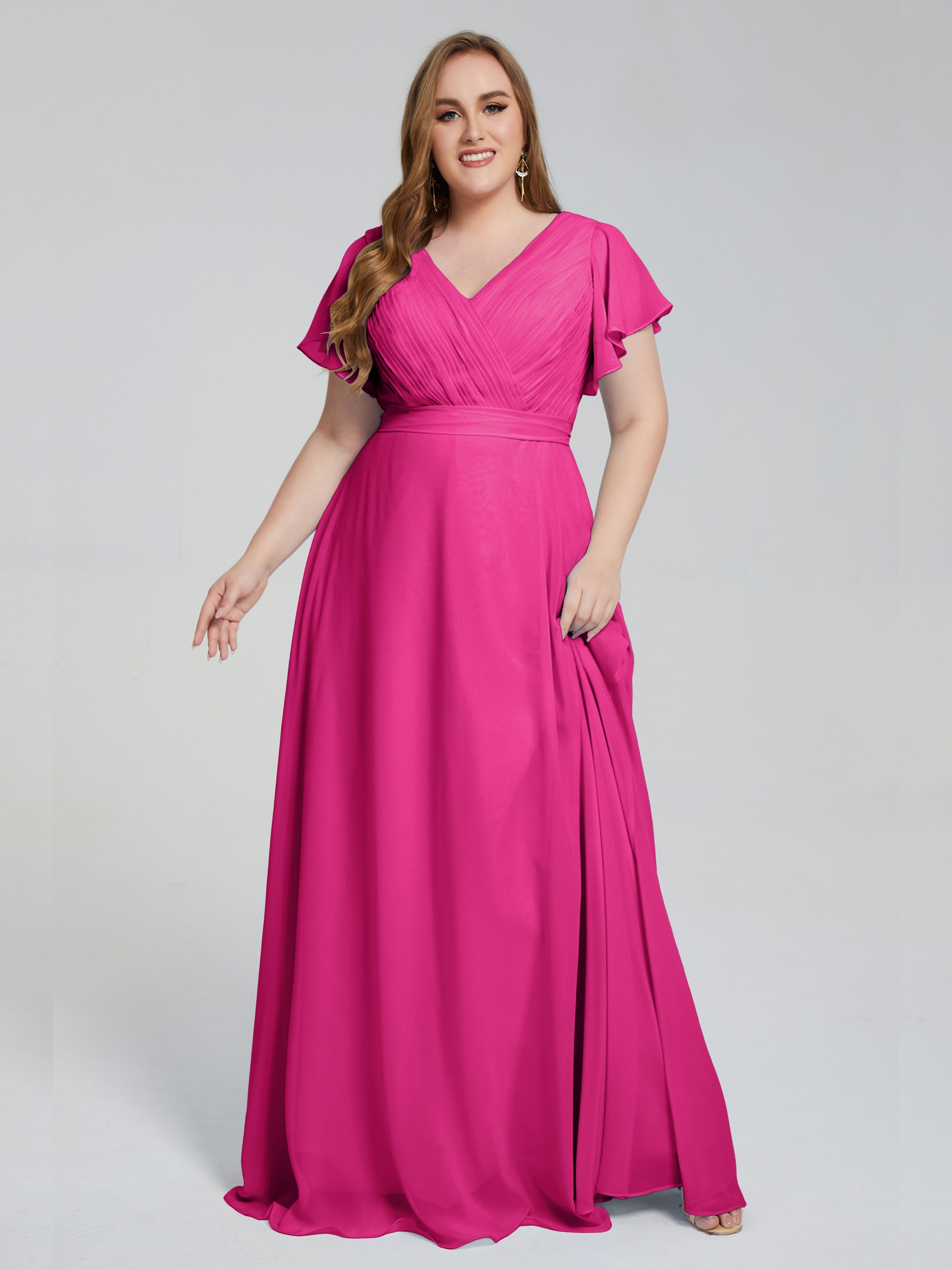 Robe Rose Fuchsia Demoiselle D Honneur Manches Courtes Mousseline Robes Demoiselle D'Honneur