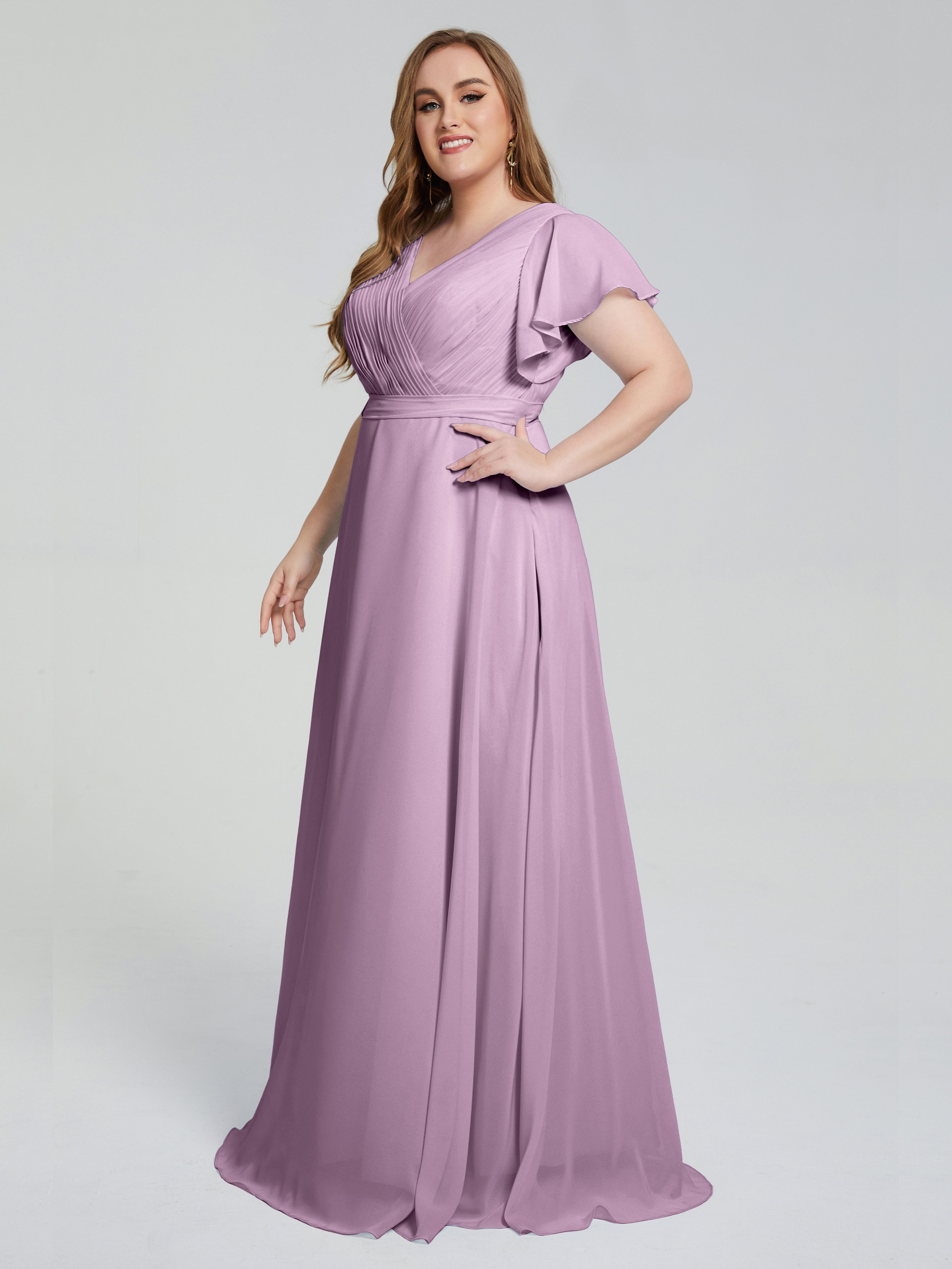 Robes De Demoiselle D'Honneur Glycine Manches Courtes Mousseline Robes Demoiselle D'Honneur