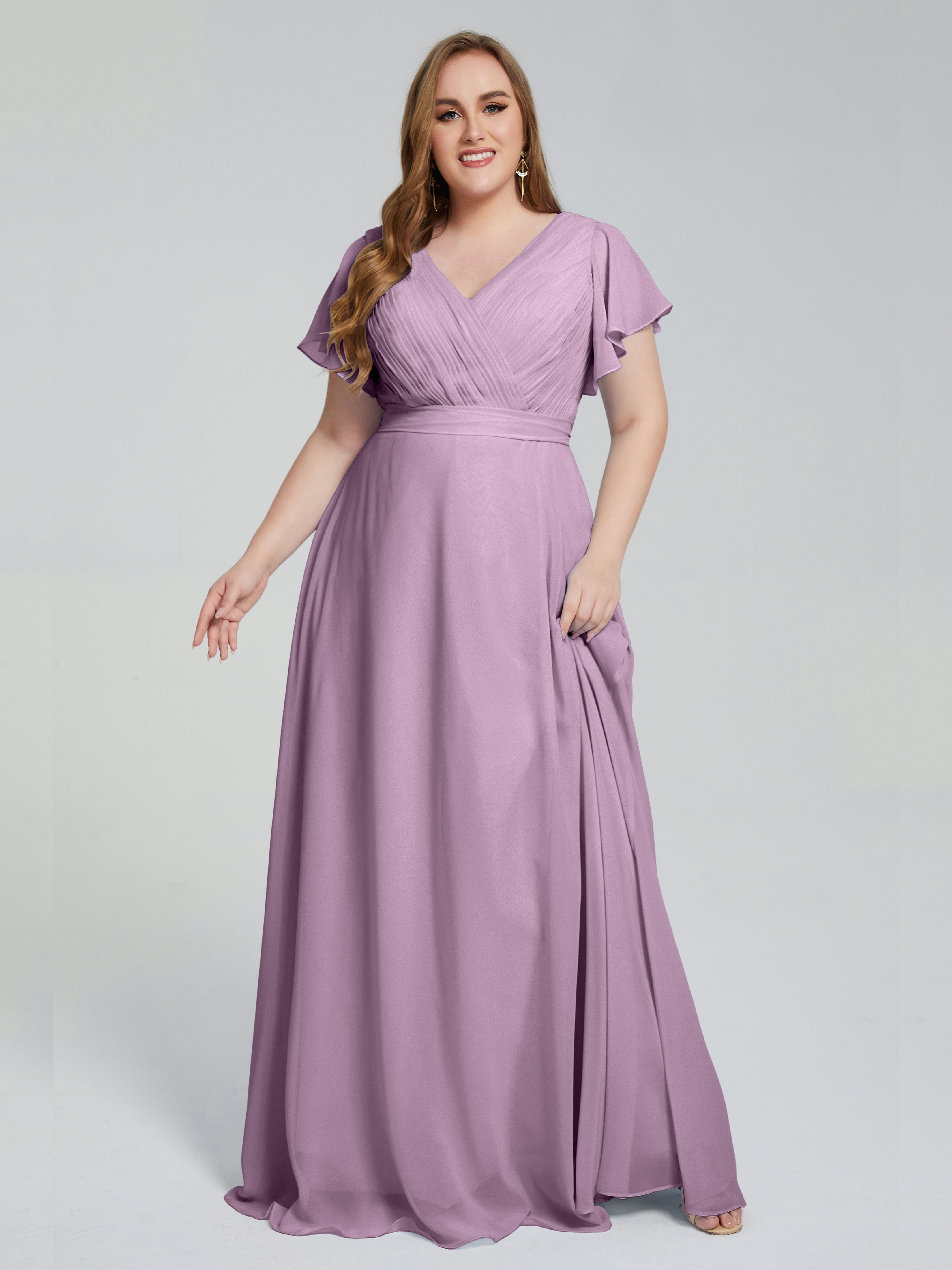 Robes De Demoiselle D'Honneur Glycine Manches Courtes Mousseline Robes Demoiselle D'Honneur