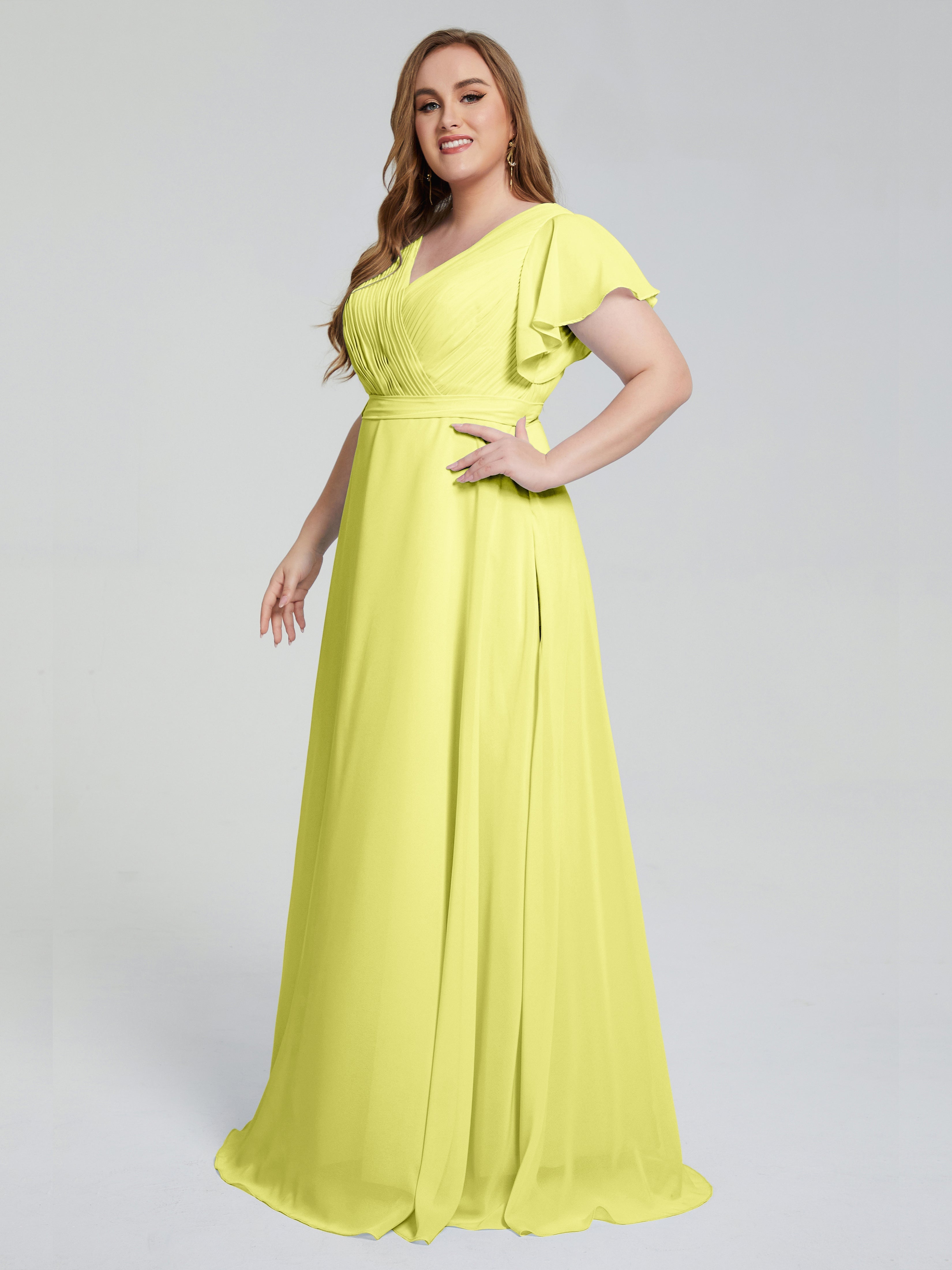 Robes De Demoiselle D'Honneur Jonquille Manches Courtes Mousseline Robes Demoiselle D'Honneur