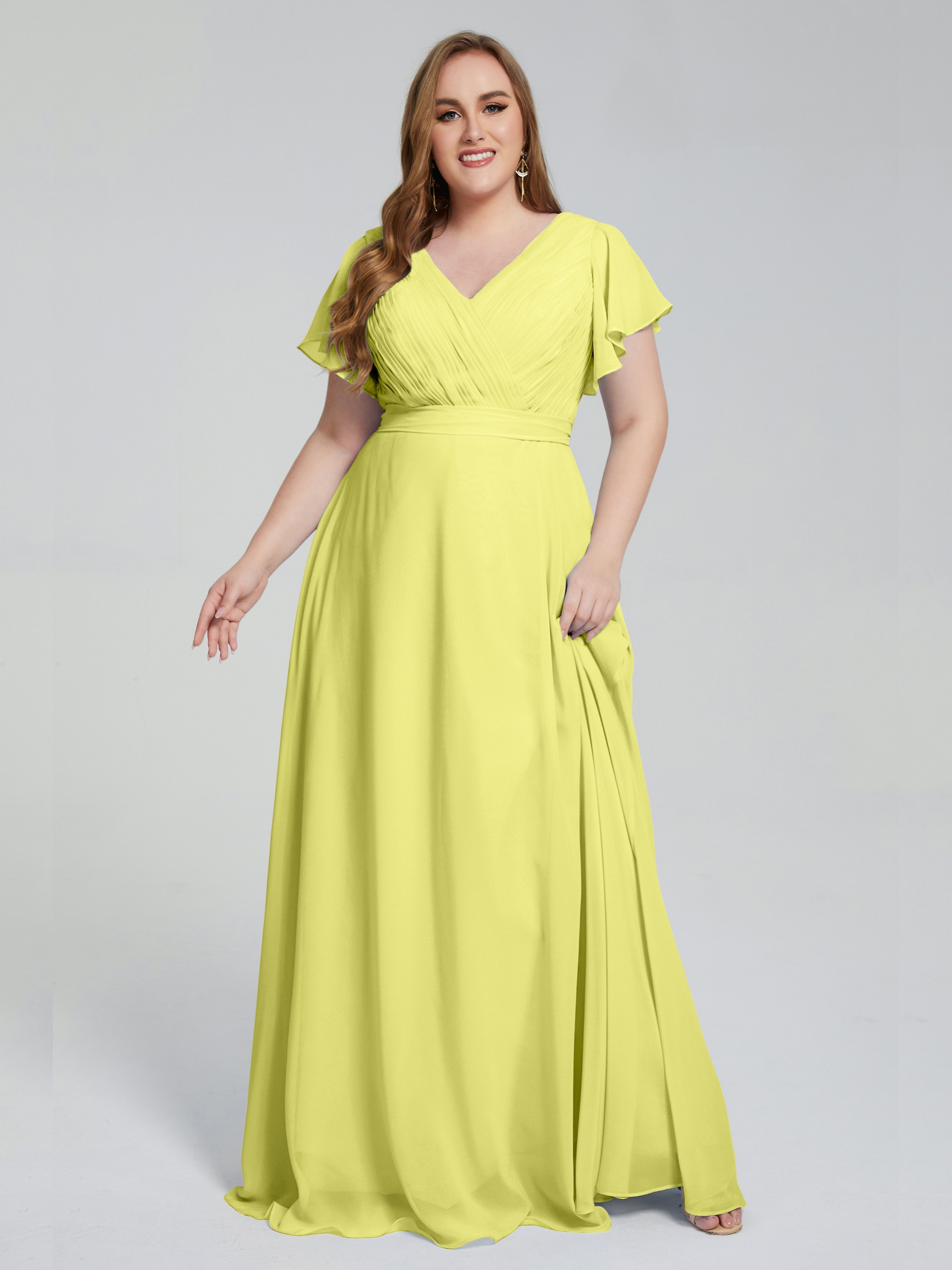 Robes De Demoiselle D'Honneur Jonquille Manches Courtes Mousseline Robes Demoiselle D'Honneur