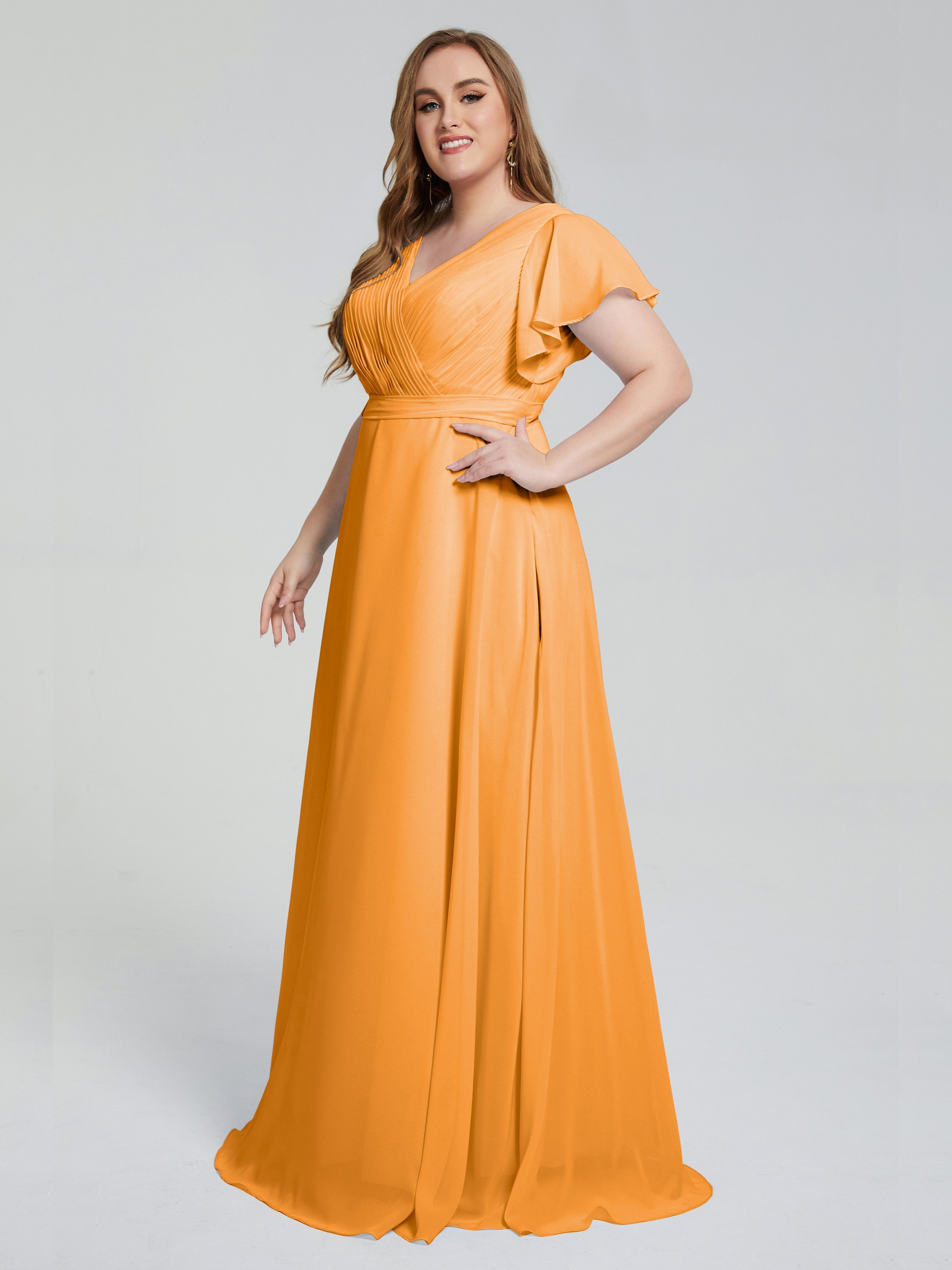 Robes De Demoiselle D'Honneur Mandarine Manches Courtes Mousseline Robes Demoiselle D'Honneur
