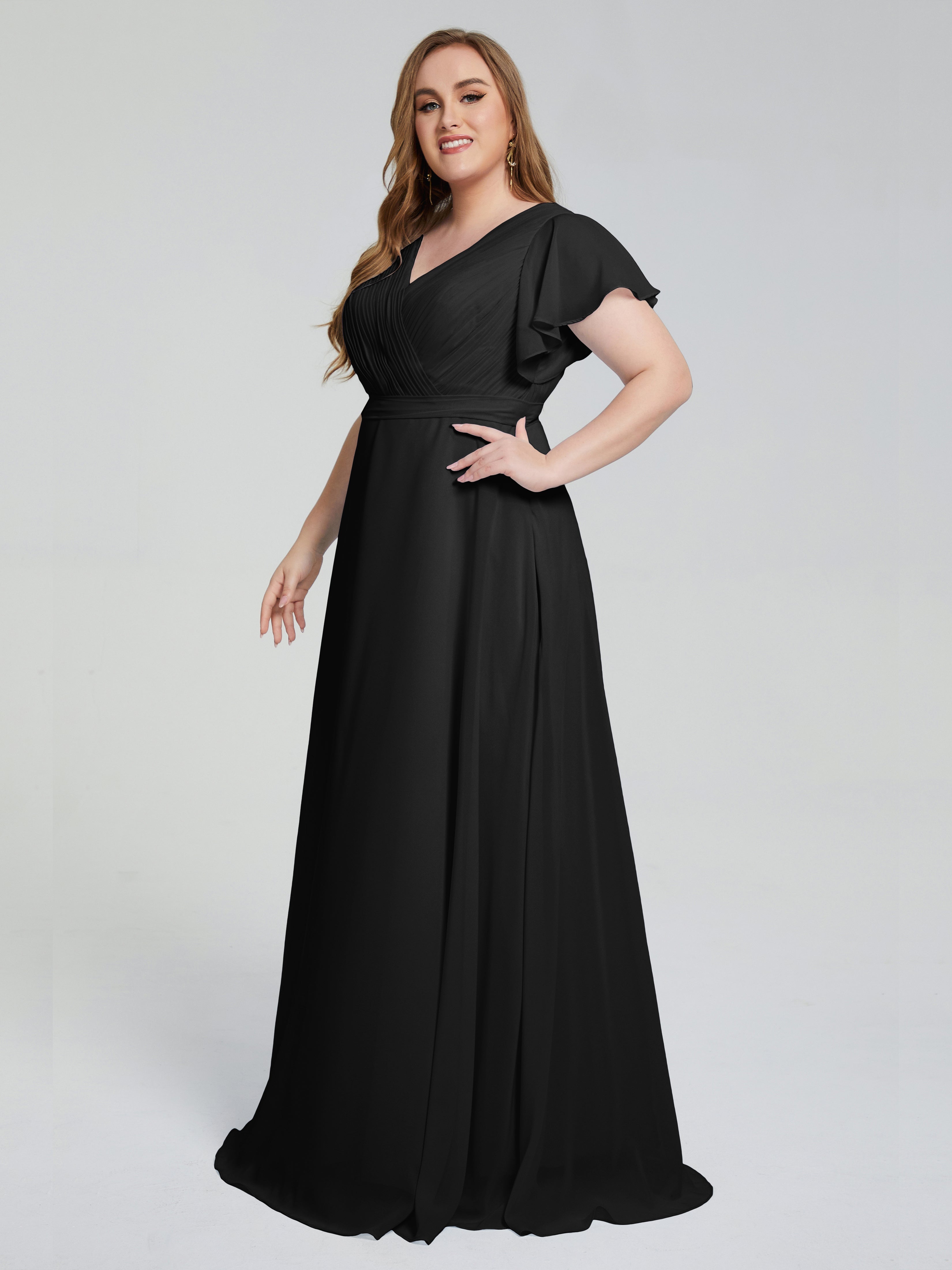 Robe Noire Demoiselle D Honneur Manches Courtes Mousseline Robes Demoiselle D'Honneur