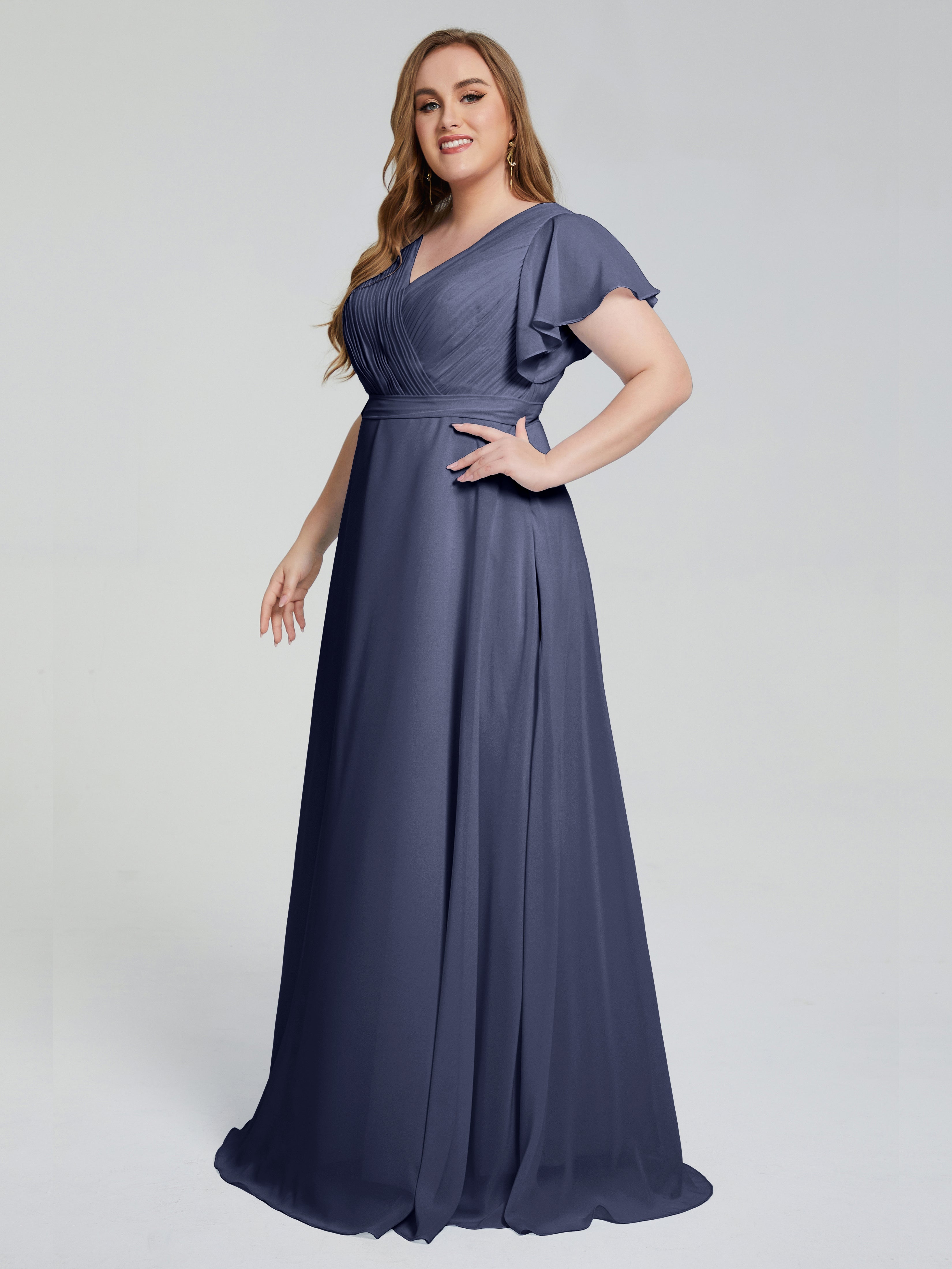Robes De Demoiselle D'Honneur Bleu Orageux Manches Courtes Mousseline Robes Demoiselle D'Honneur
