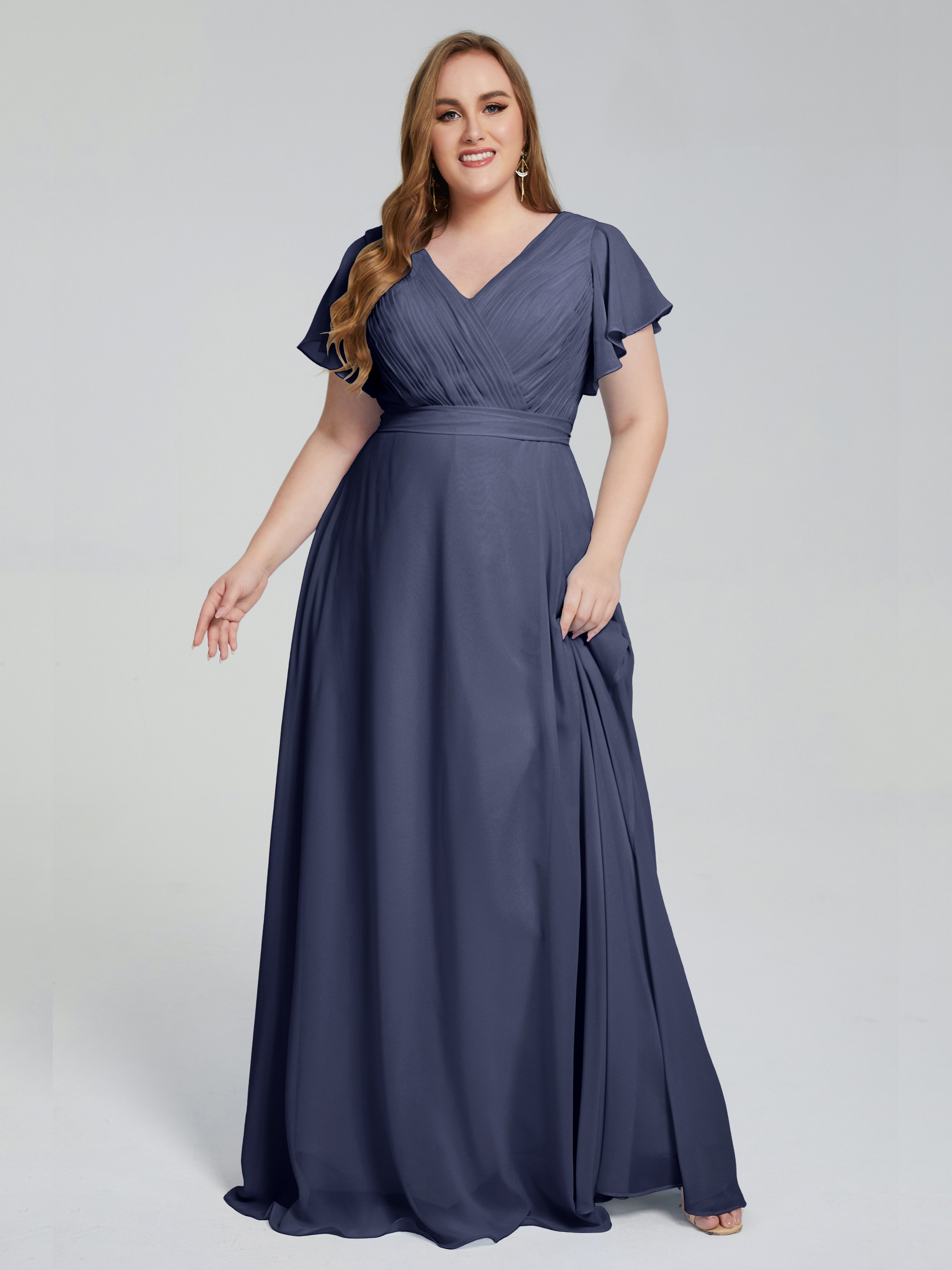 Robes De Demoiselle D'Honneur Bleu Orageux Manches Courtes Mousseline Robes Demoiselle D'Honneur