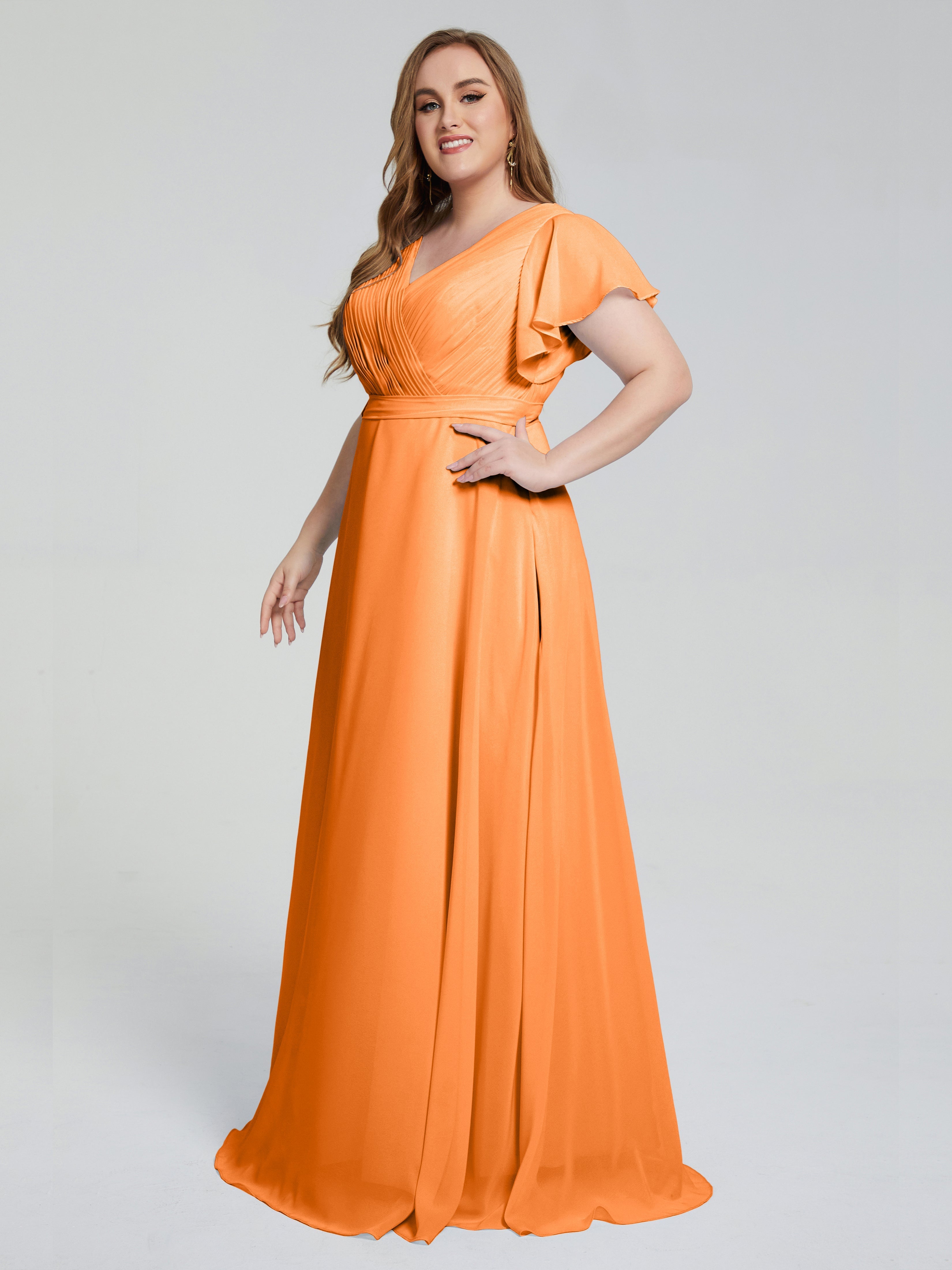Demoiselle Dhonneur Robe Orange Manches Courtes Mousseline Robes Demoiselle D'Honneur