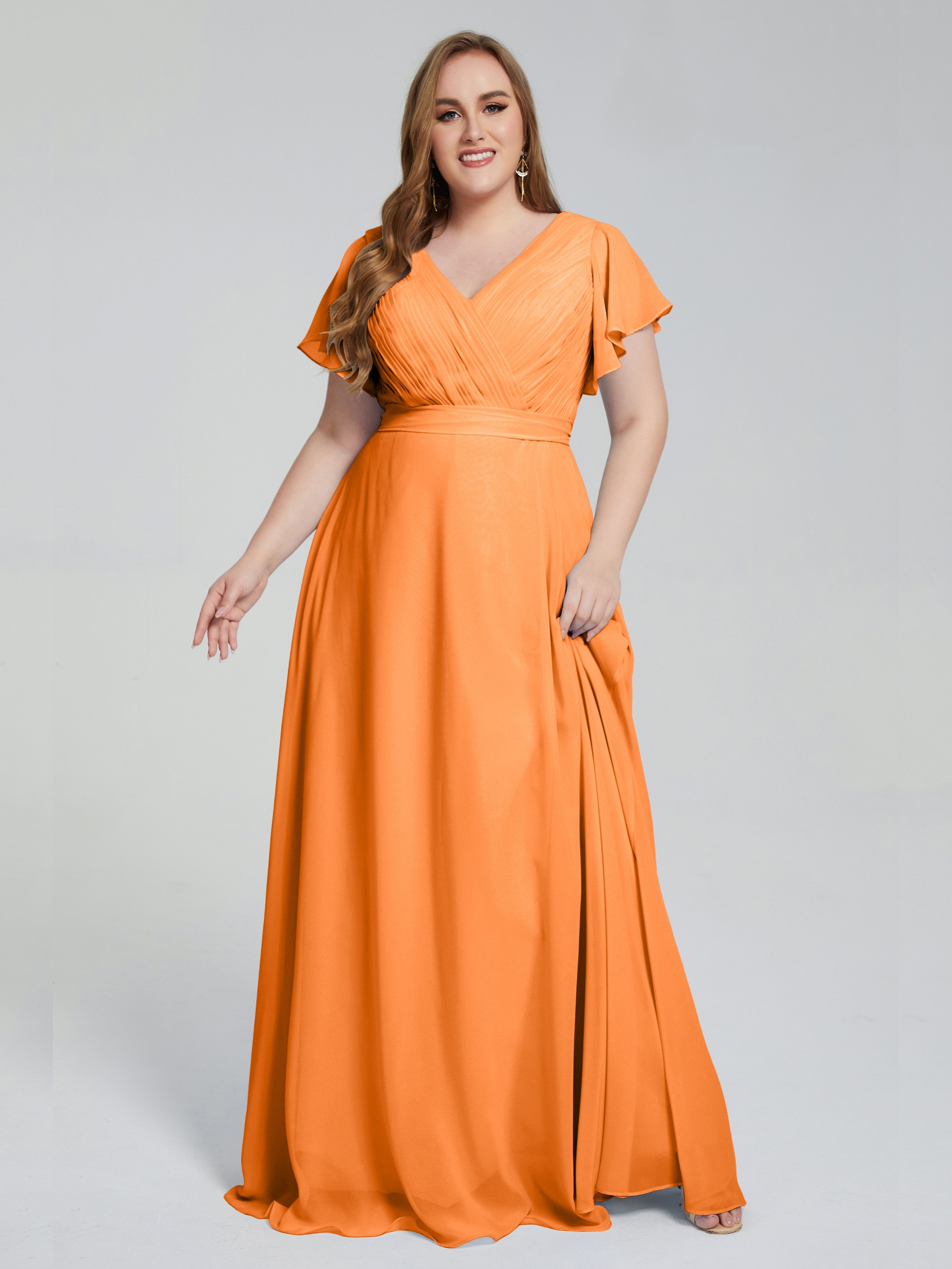 Demoiselle Dhonneur Robe Orange Manches Courtes Mousseline Robes Demoiselle D'Honneur
