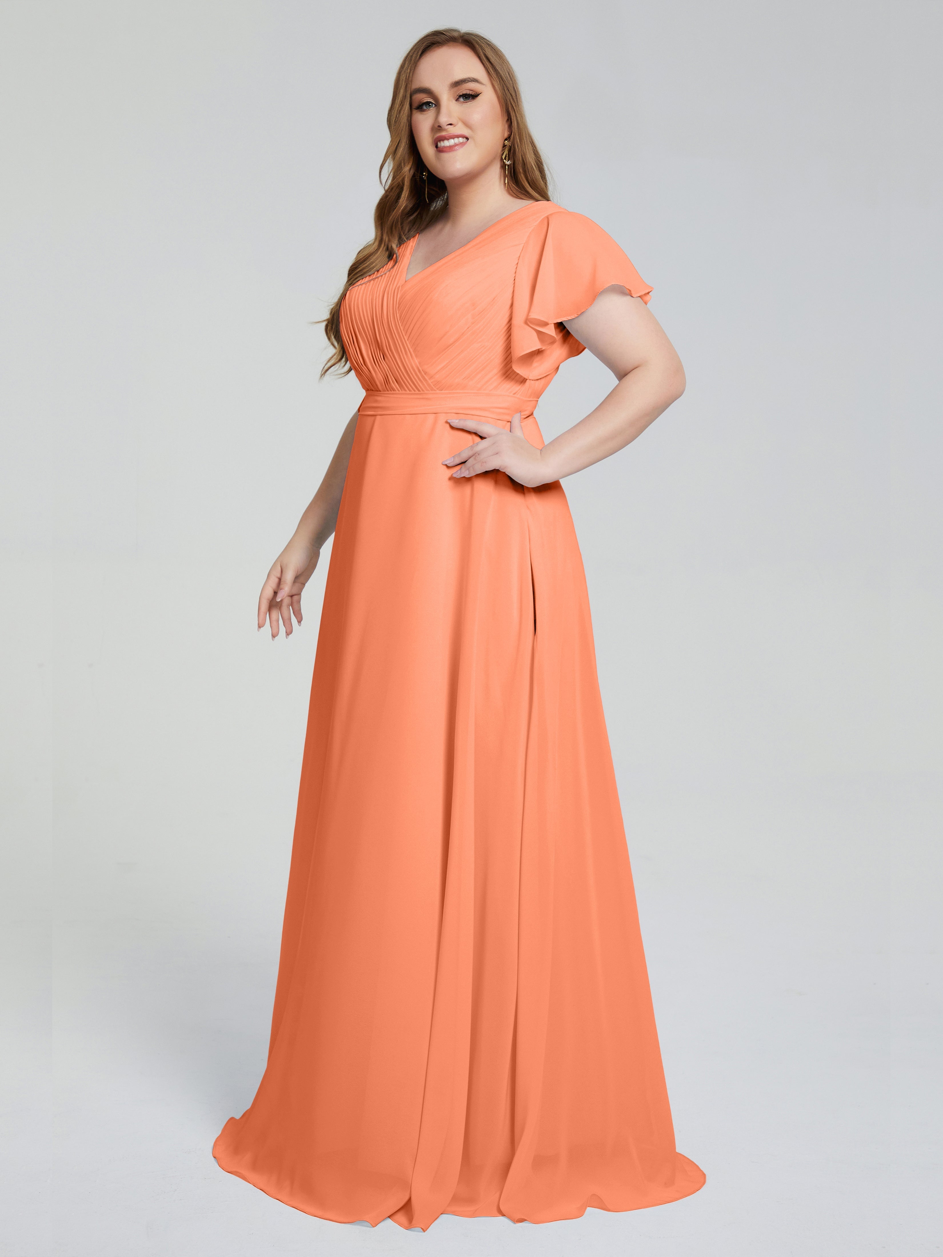 Robes De Demoiselle D'Honneur Papaye Manches Courtes Mousseline Robes Demoiselle D'Honneur