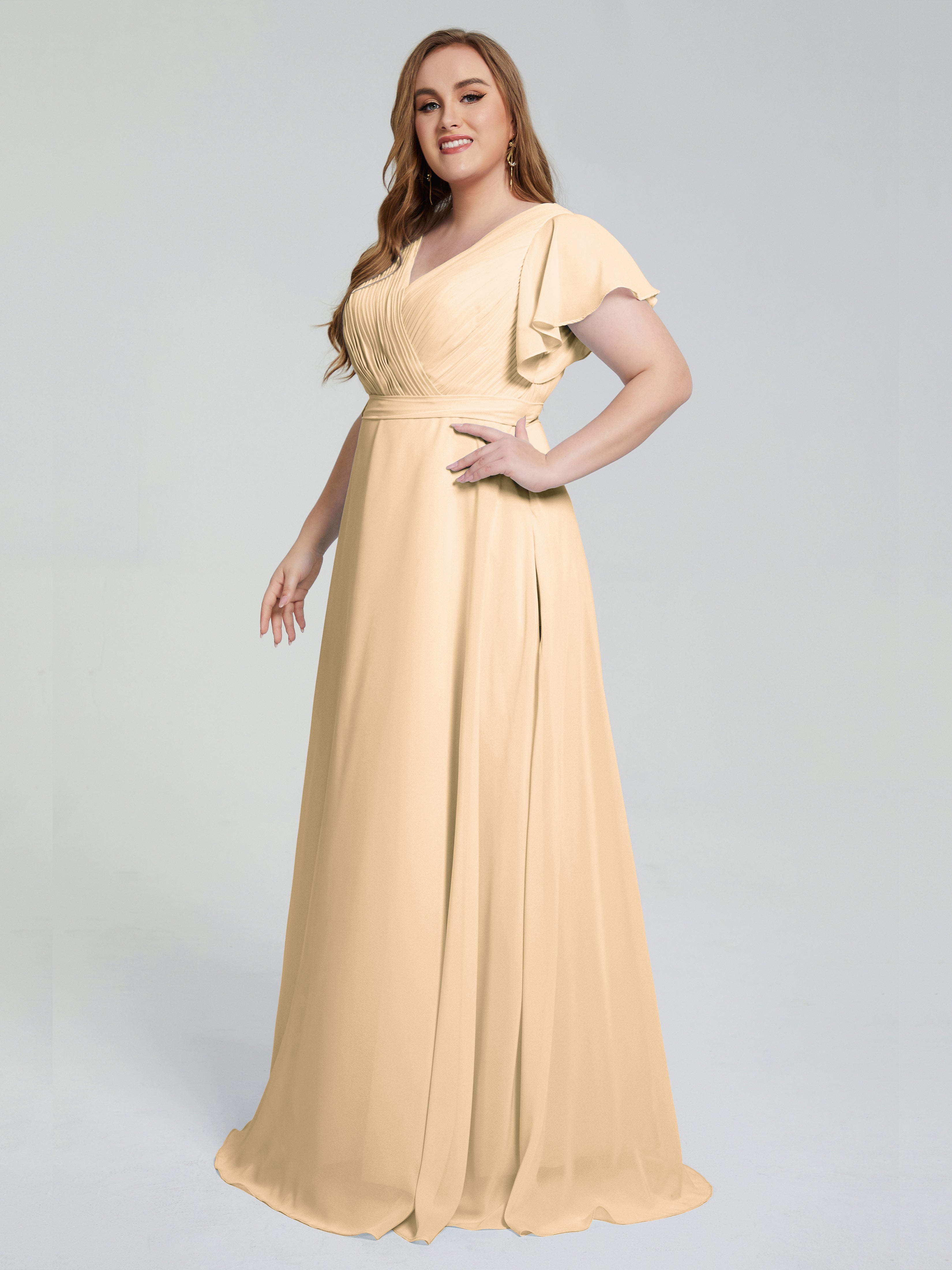 Robe De Demoiselle D Honneur Peche Manches Courtes Mousseline Robes Demoiselle D'Honneur