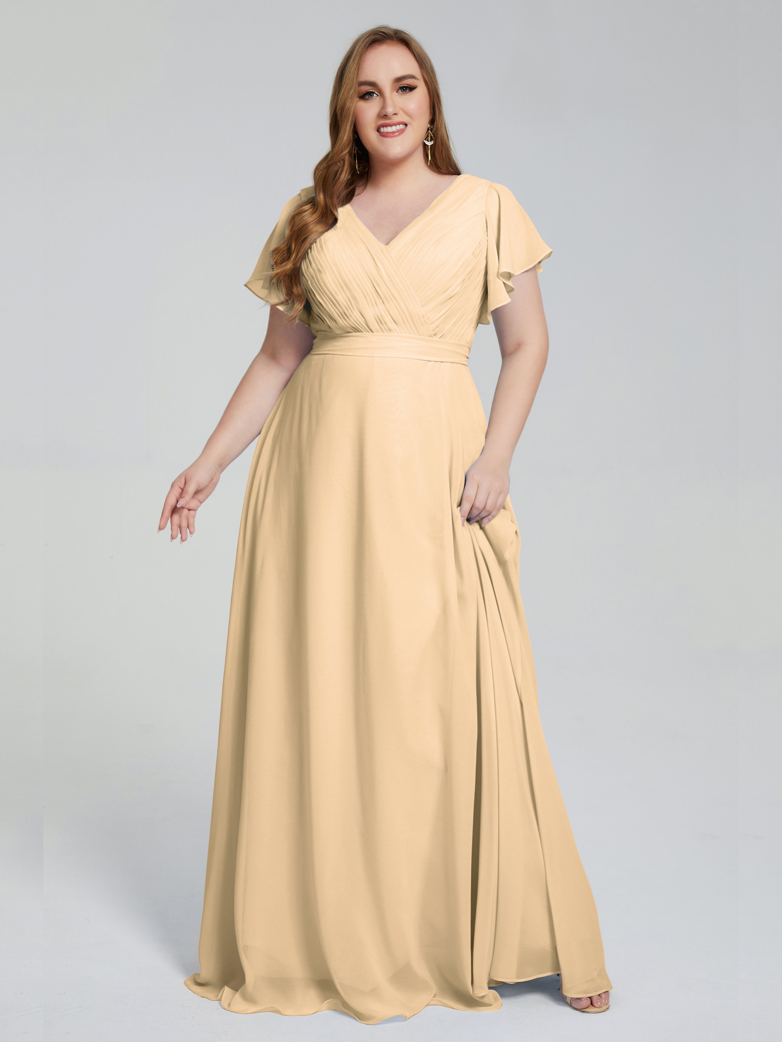 Robe De Demoiselle D Honneur Peche Manches Courtes Mousseline Robes Demoiselle D'Honneur
