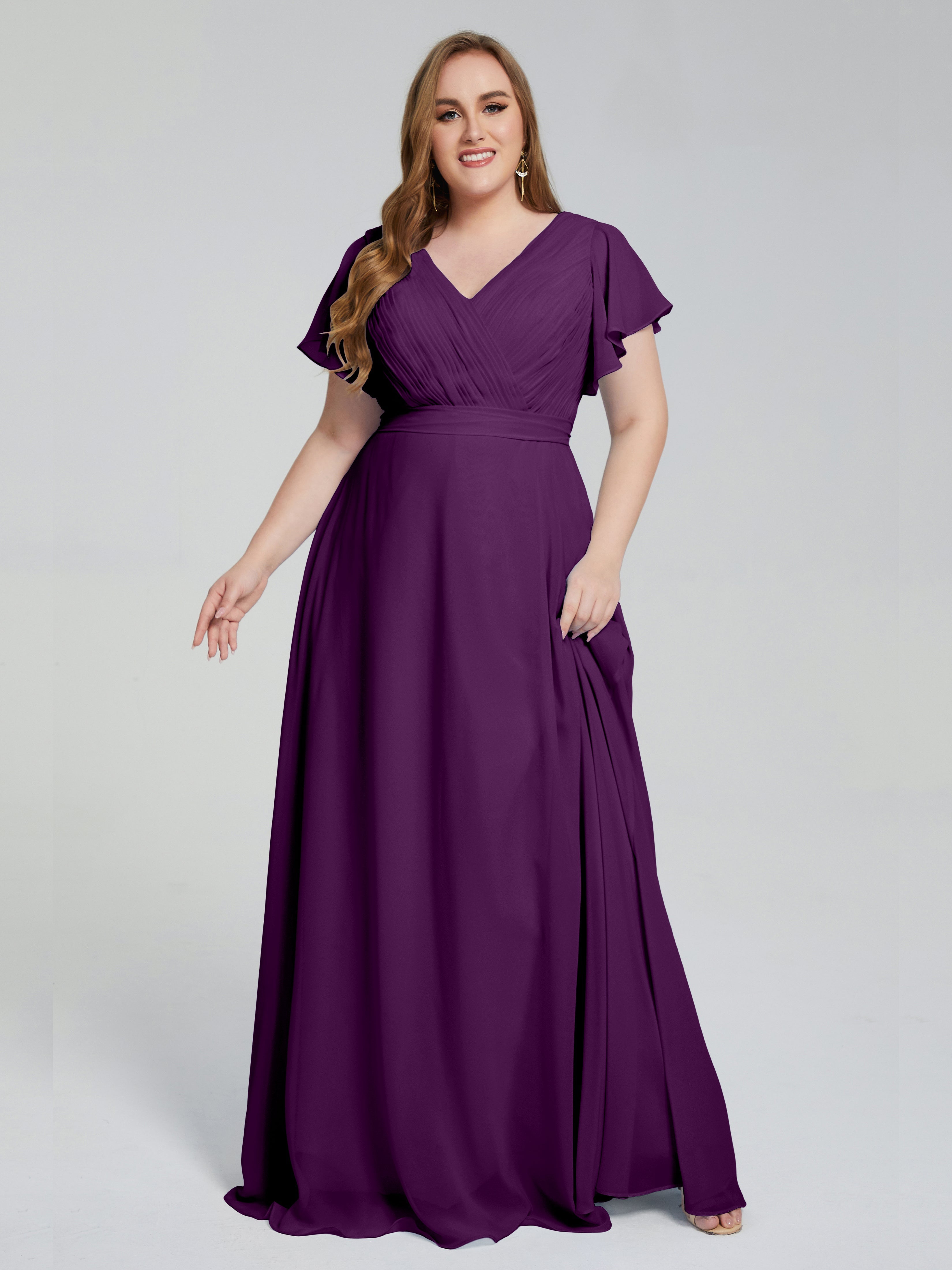 Robes De Demoiselle D'Honneur En Raisin Manches Courtes Mousseline Robes Demoiselle D'Honneur