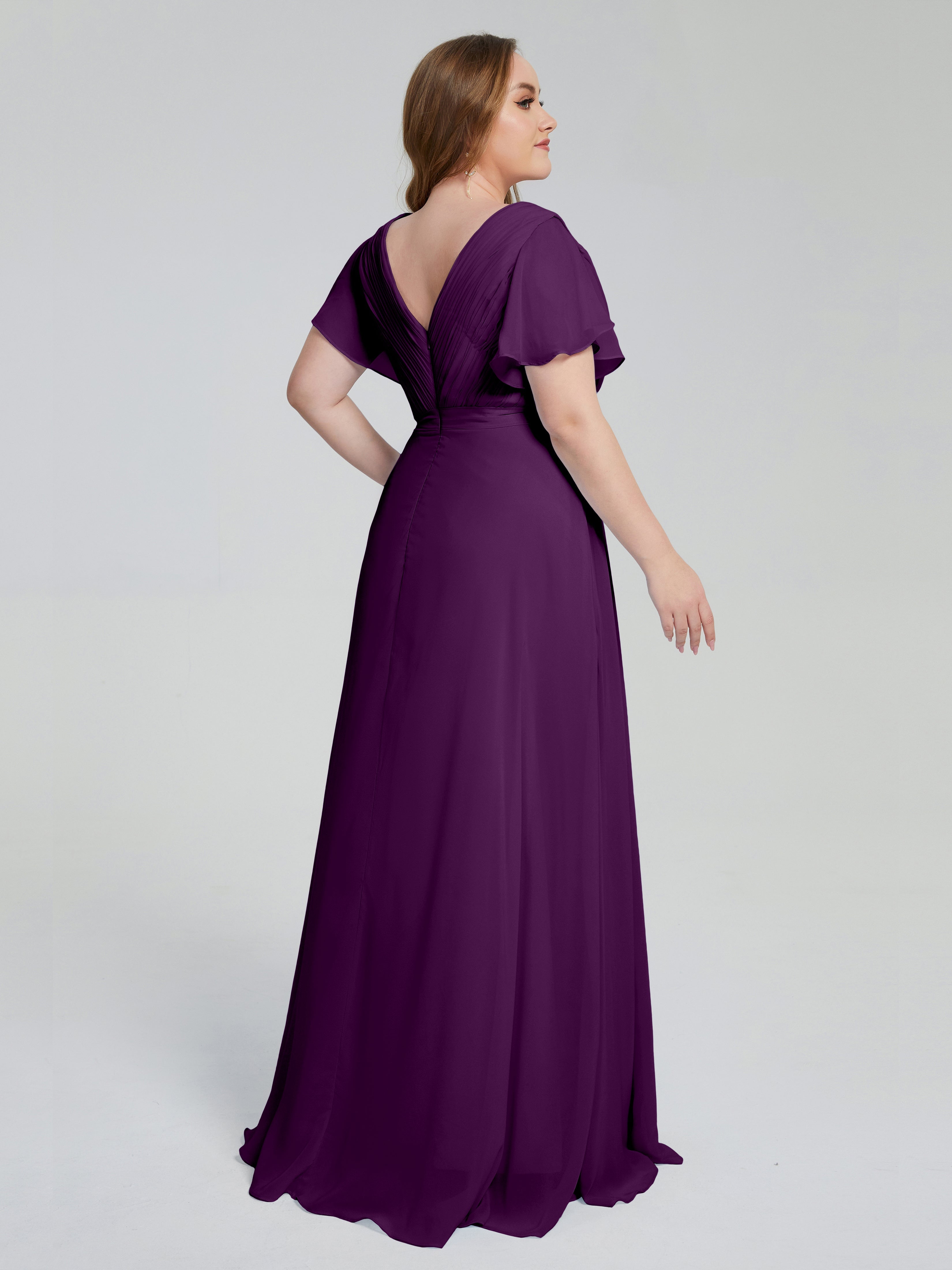 Robes De Demoiselle D'Honneur En Raisin Manches Courtes Mousseline Robes Demoiselle D'Honneur