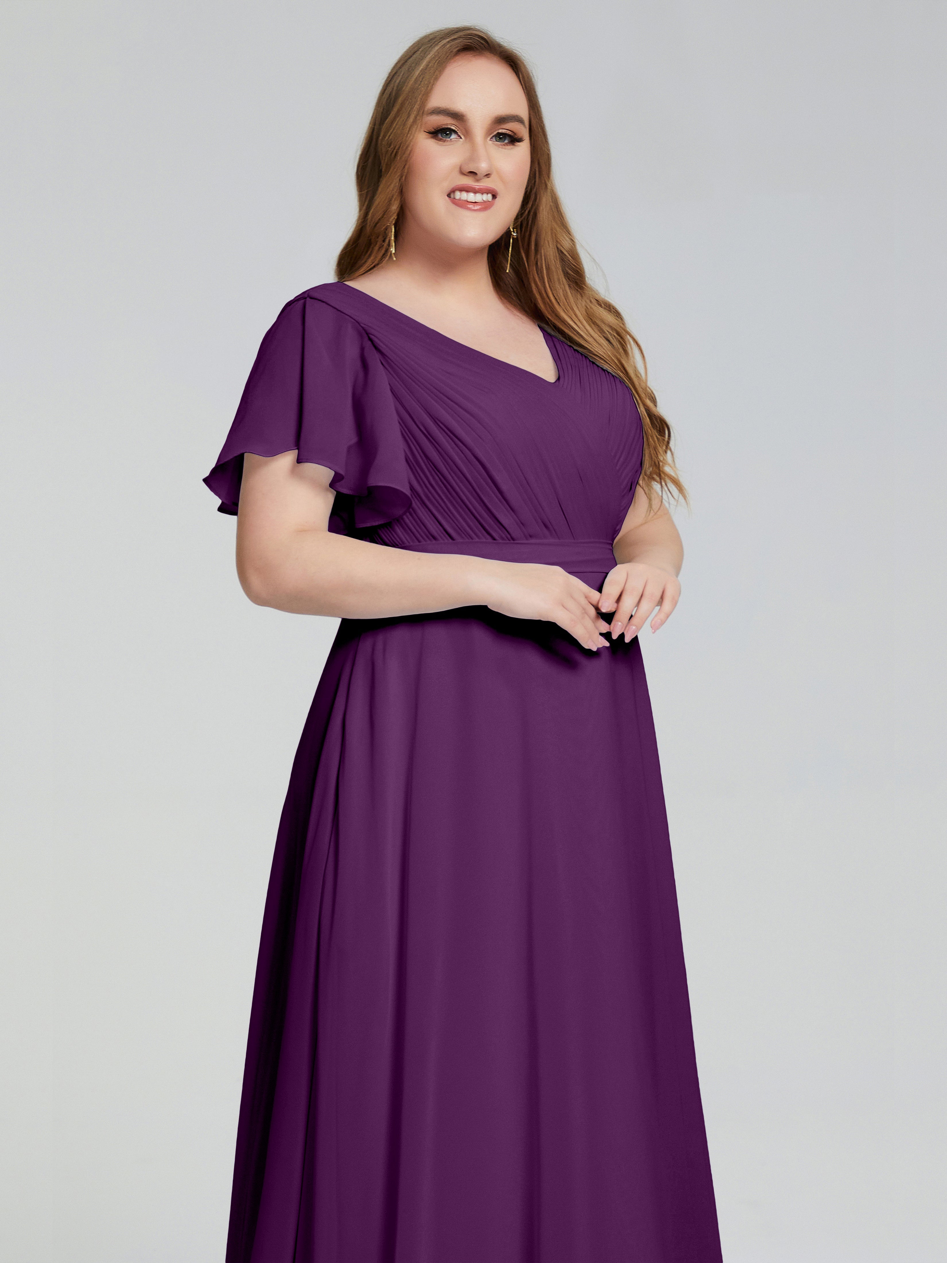 Robes De Demoiselle D'Honneur En Raisin Manches Courtes Mousseline Robes Demoiselle D'Honneur