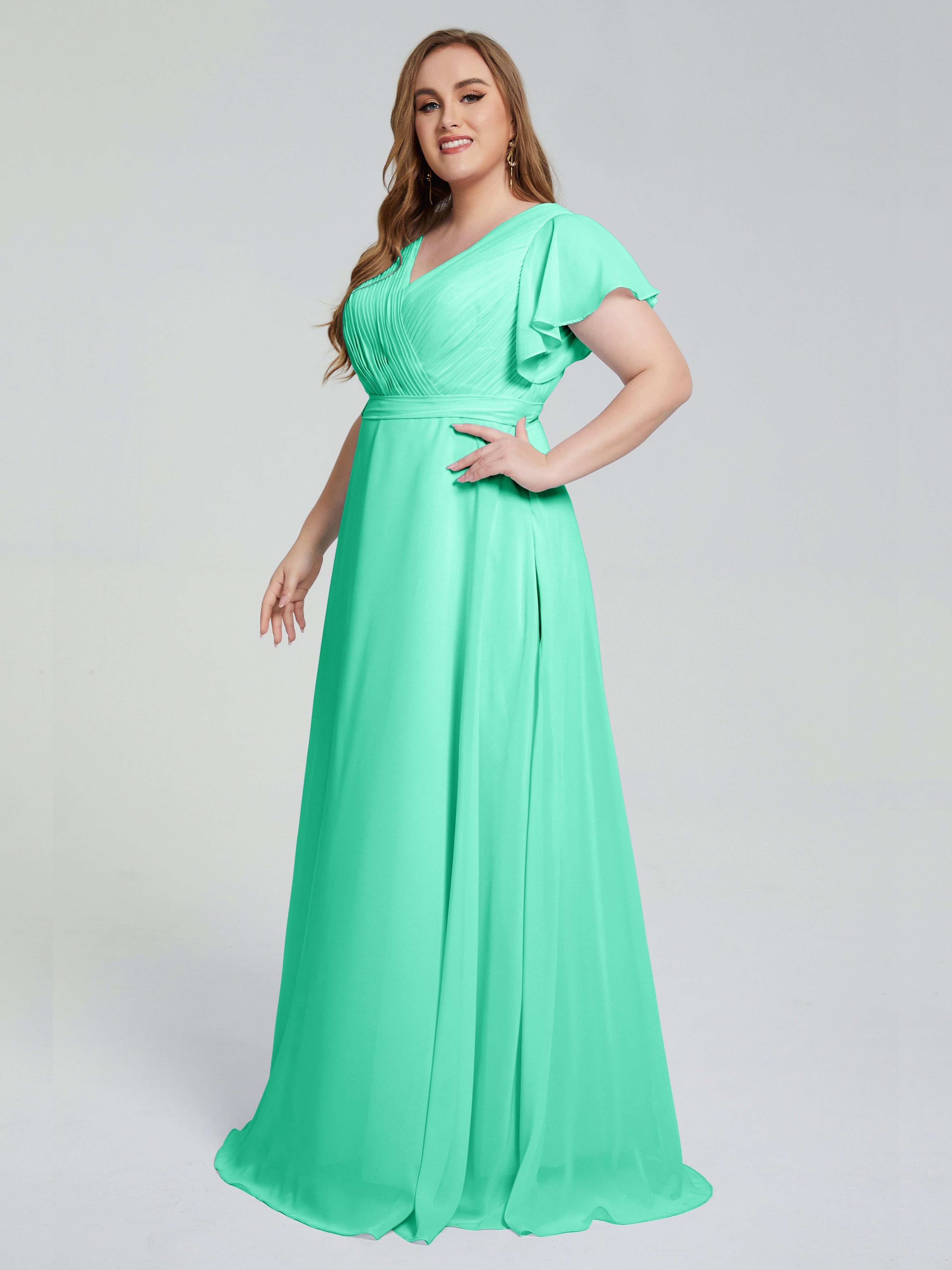 Robe De Demoiselle D Honneur Bleu Turquoise Manches Courtes Mousseline Robes Demoiselle D'Honneur