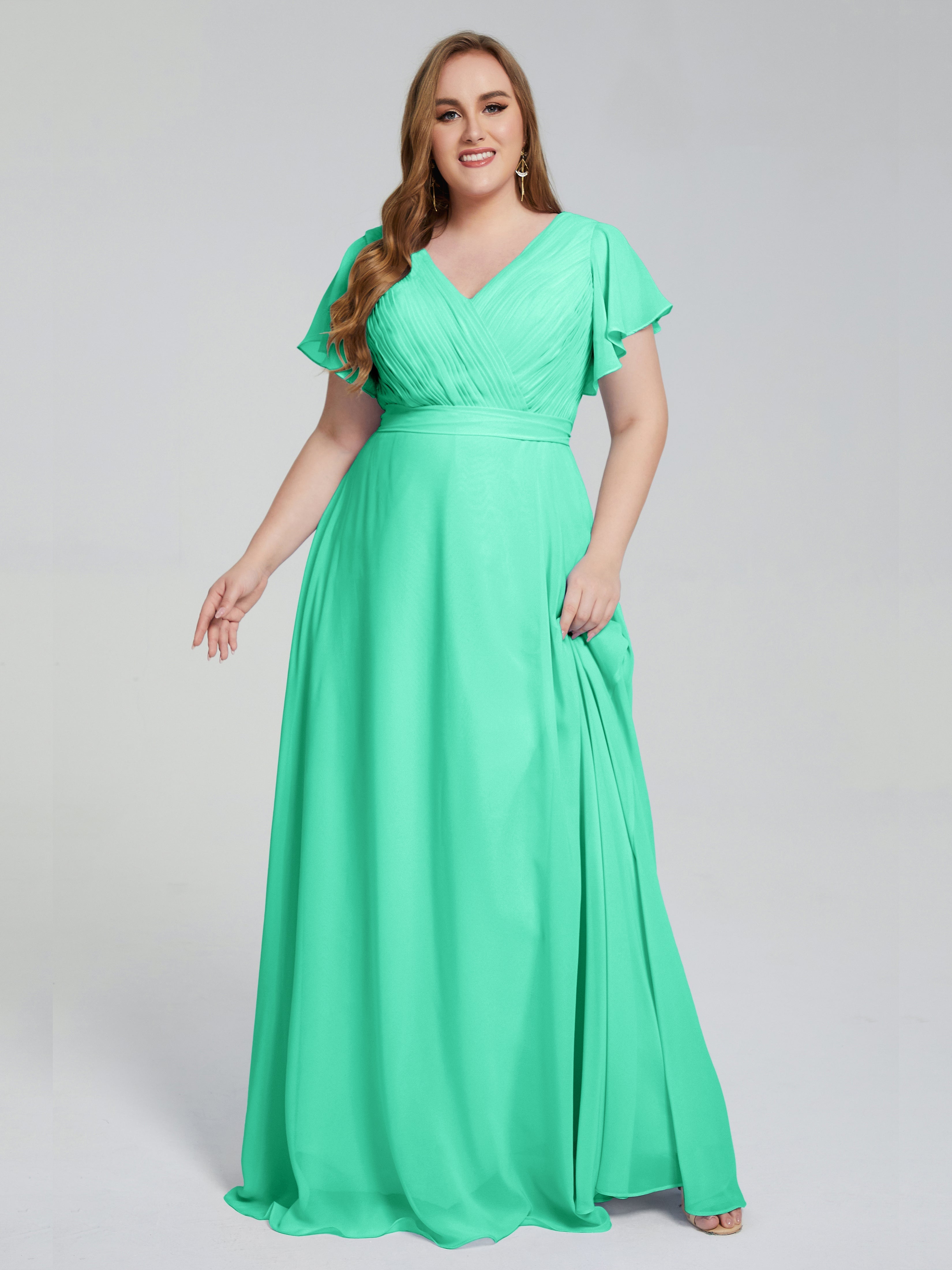 Robe De Demoiselle D Honneur Bleu Turquoise Manches Courtes Mousseline Robes Demoiselle D'Honneur