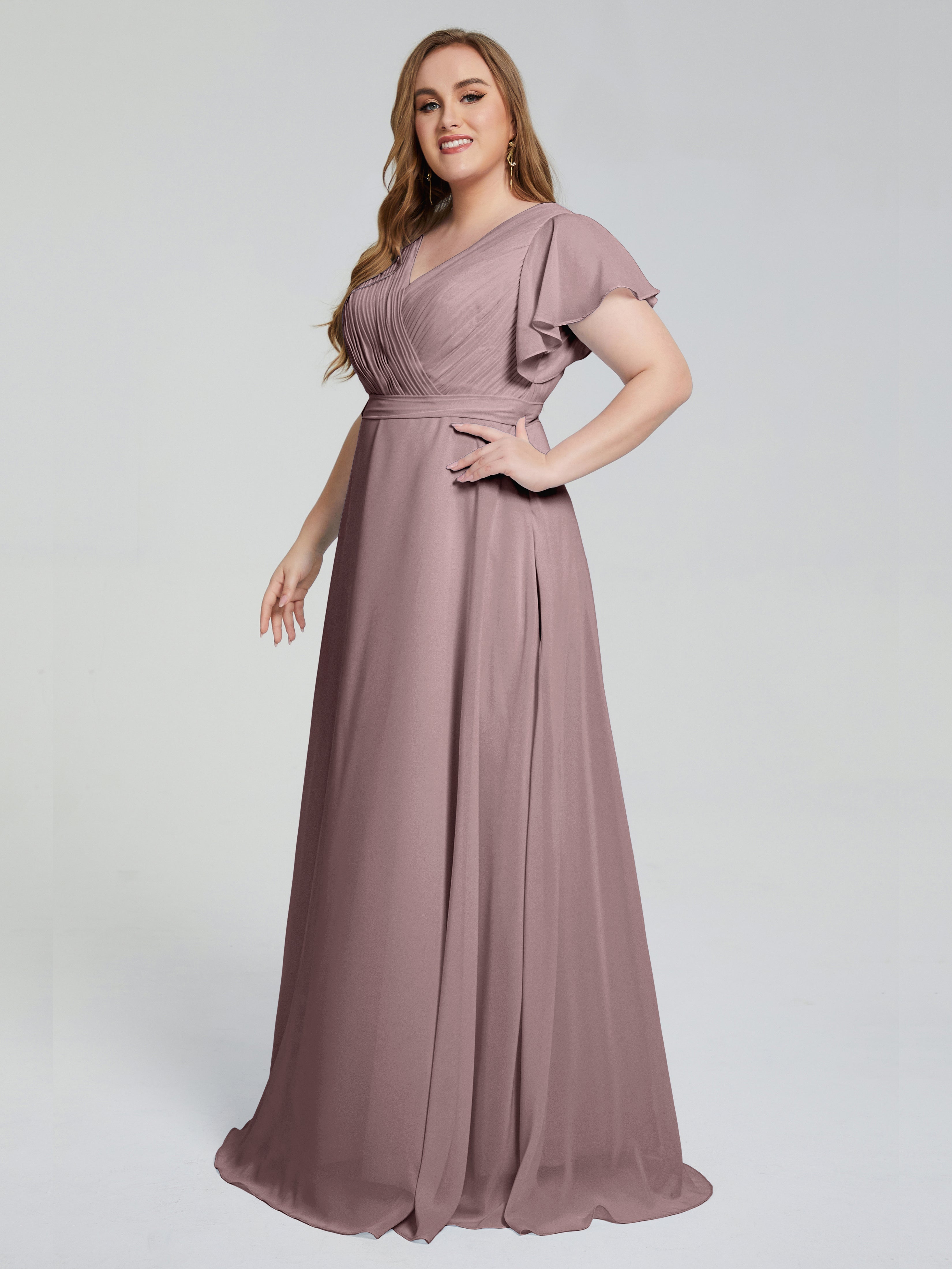Robes De Demoiselle D'Honneur Mauve Foncé Manches Courtes Mousseline Robes Demoiselle D'Honneur