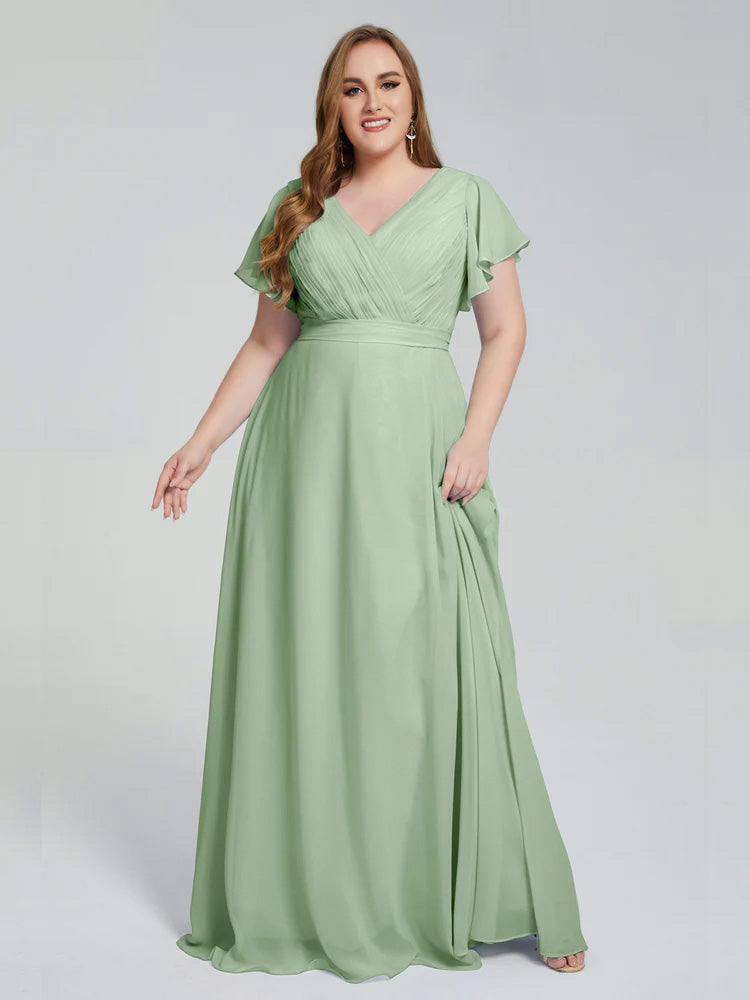Sauge Poussiéreuse De Demoiselle D'Honneur Manches Courtes Mousseline Robes Demoiselle D'Honneur