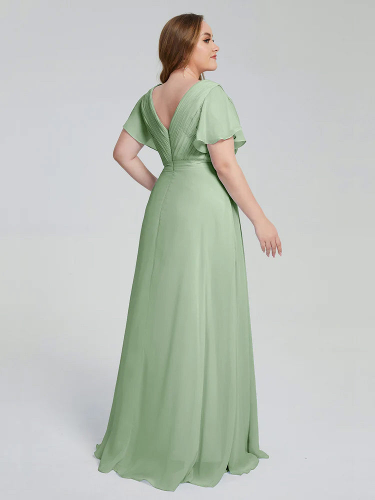 Sauge Poussiéreuse De Demoiselle D'Honneur Manches Courtes Mousseline Robes Demoiselle D'Honneur