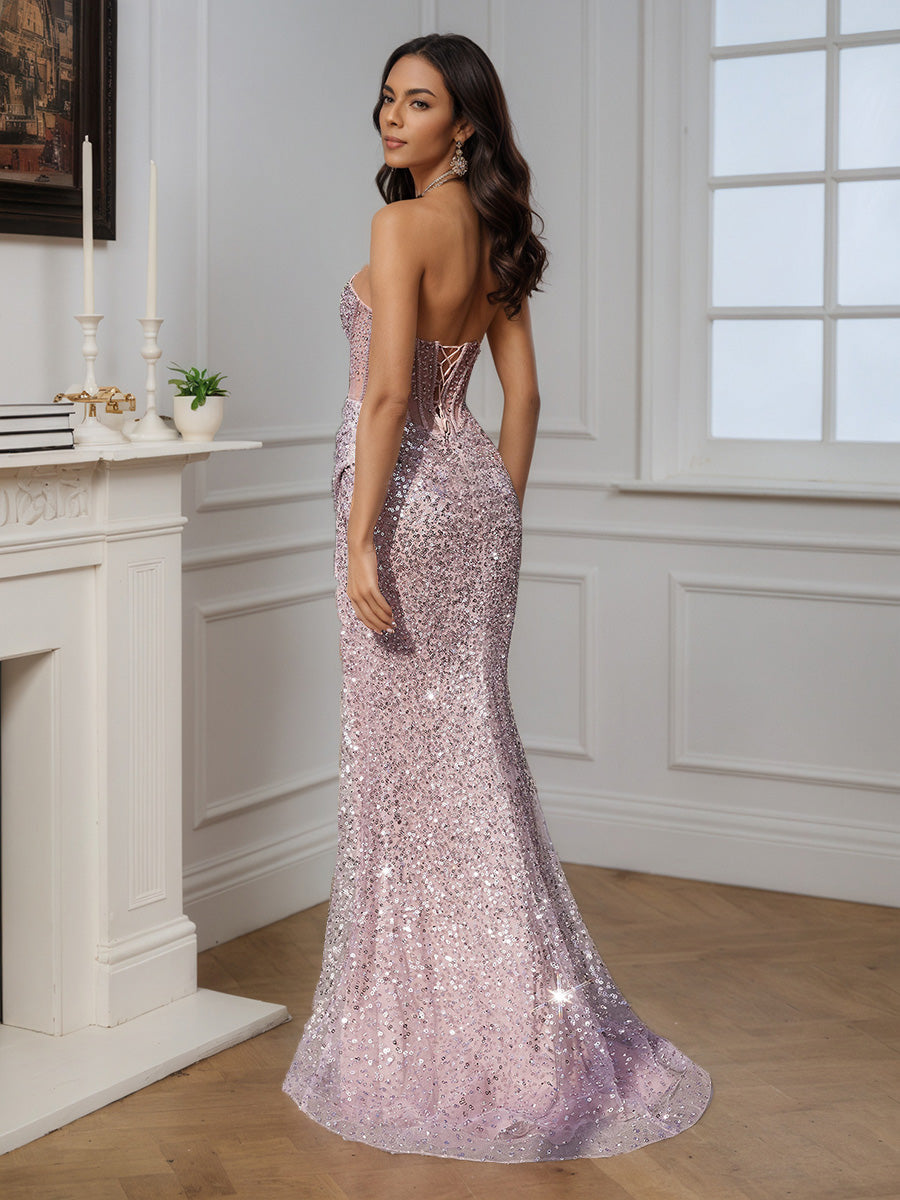 Cicinia Robe de Soirée ROSE POUDRE Longue Fourreau sans Bretelles à Paillettes et Perlé Fente Ravissante