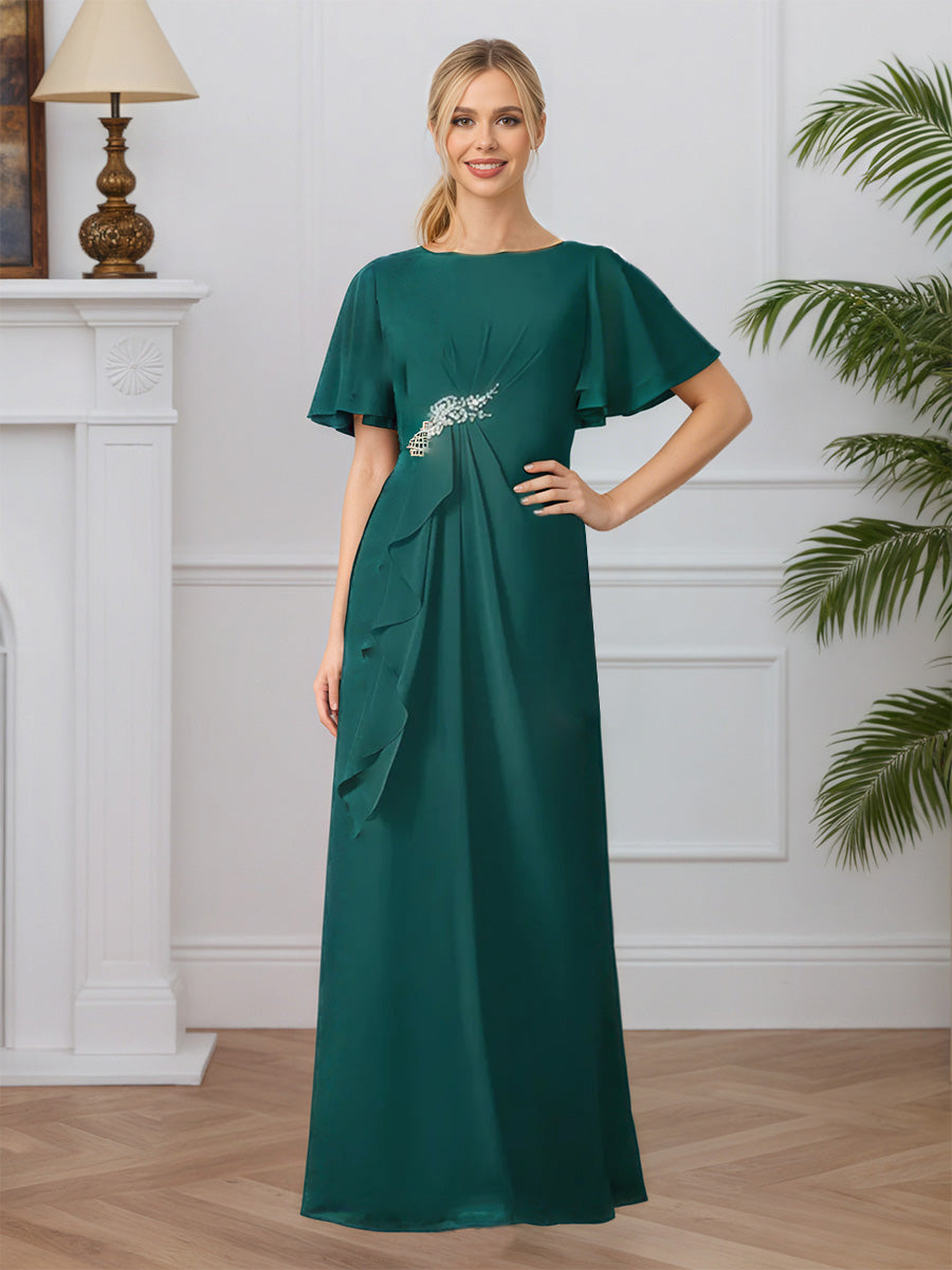 Cicinia Paon Robe pour Mère de la Mariée Longue en Mousseline A-Line Manches Courtes Perlé Fluide