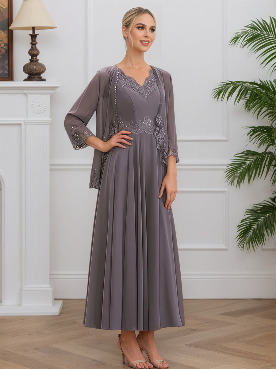 Cicinia Crépuscule Robe avec Veste pour Mère de la Mariée Courte en Mousseline et Dentelle Perlé Longueur Cheville