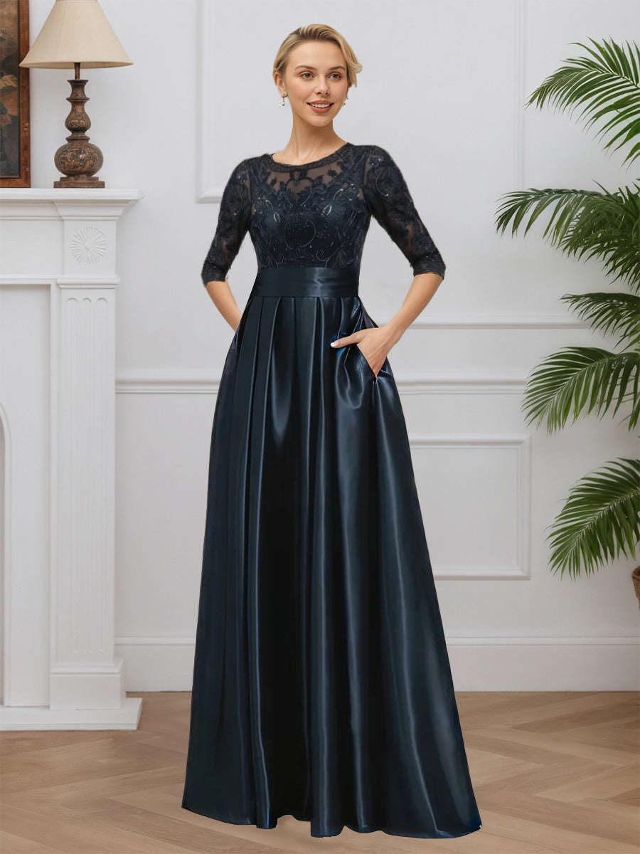 Cicinia Bleu Marine Foncé Robe pour Mère de la Mariée Longue en Satin Doux et Dentelle A-Line Longueur Sol