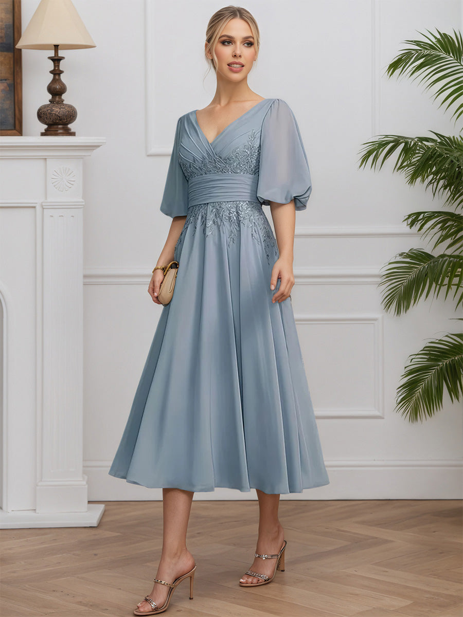 Cicinia Bleu Poussiéreux Robe pour Mère de la Mariée Longue en Mousseline et Dentelle A-Line Manches Bouffantes Longueur Midi (Thé)
