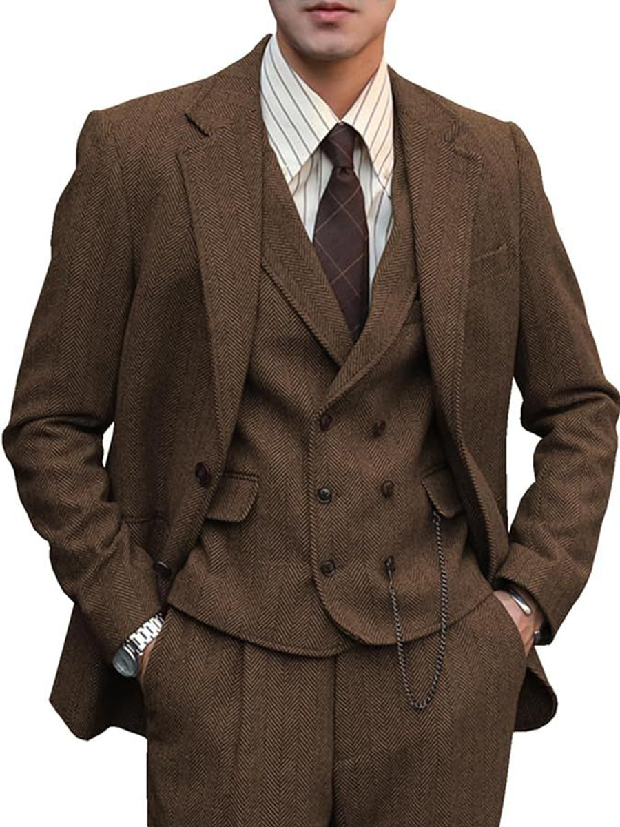 Costume 3 Pièces en BRUN Élégant à Motif Chevron Tenue Haut de Gamme pour le Marié et la Réception