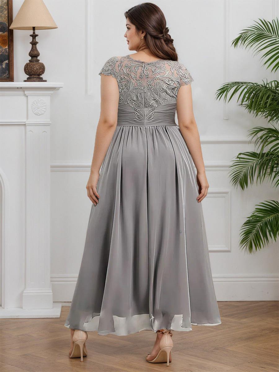Cicinia Gris Robe pour Mère de la Mariée Longue en Mousseline et Dentelle A-Line Fermeture Dos à Glissière Grande Taille